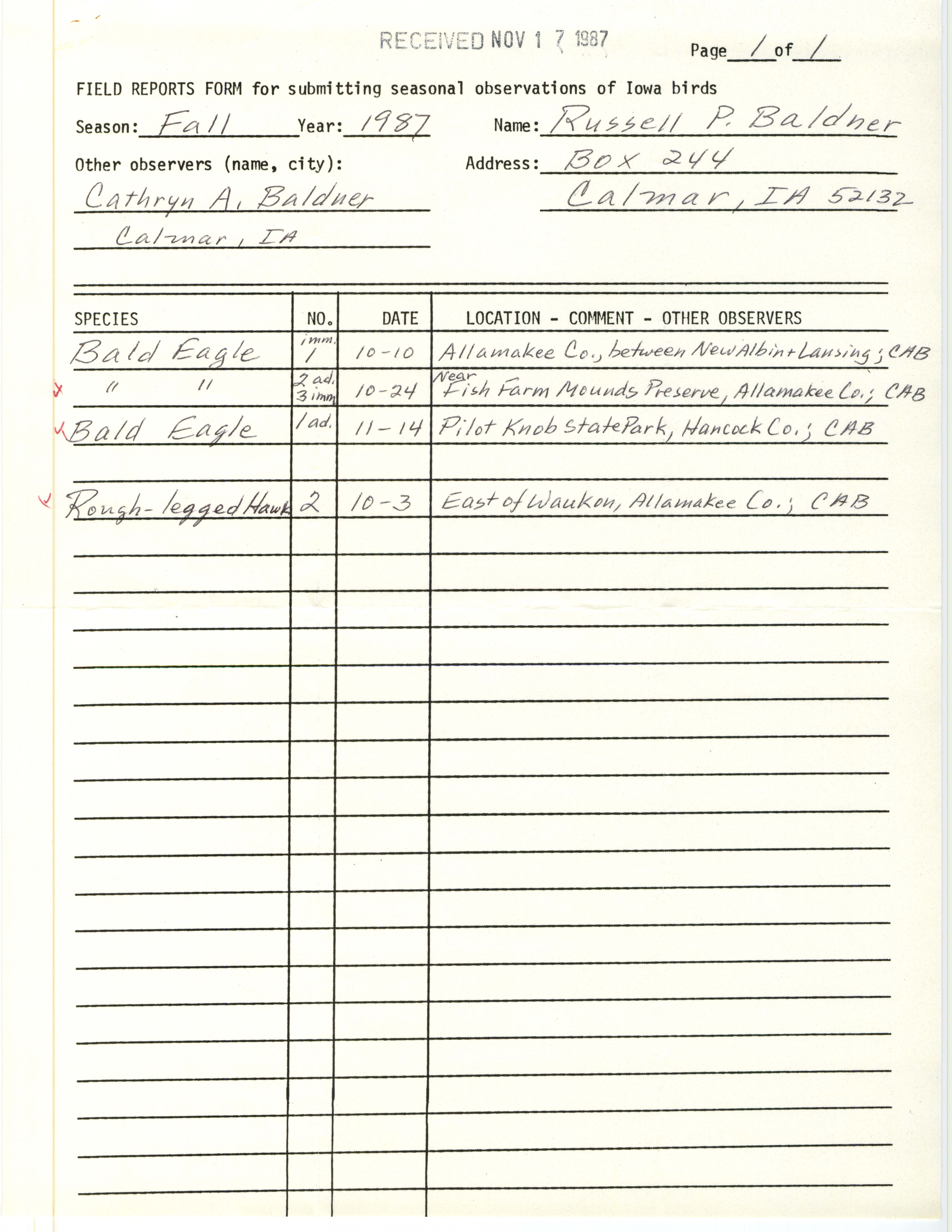 Field reports form for submitting seasonal observations of Iowa birds, Russell P. Baldner, fall 1987