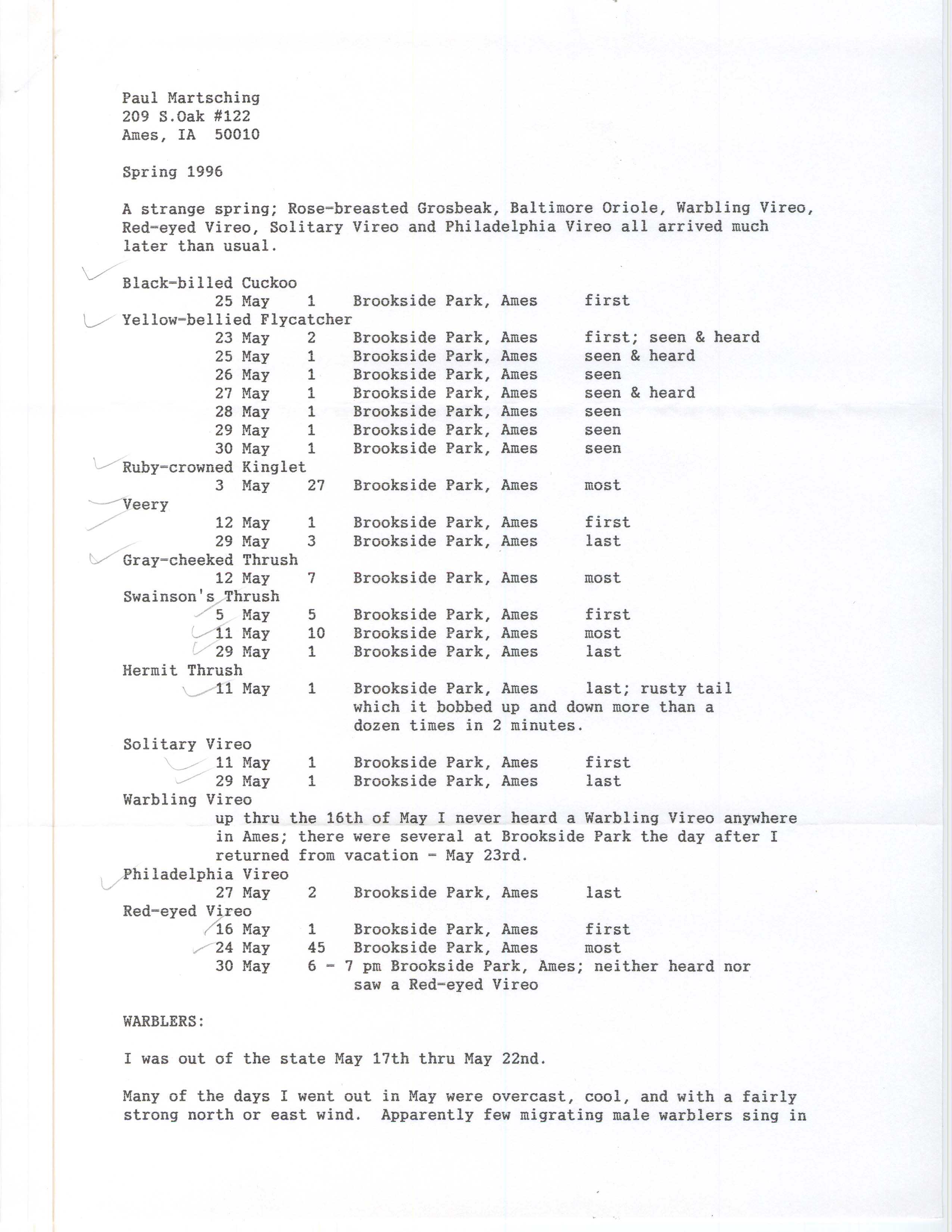 Field notes contributed by Paul Martsching, spring 1996
