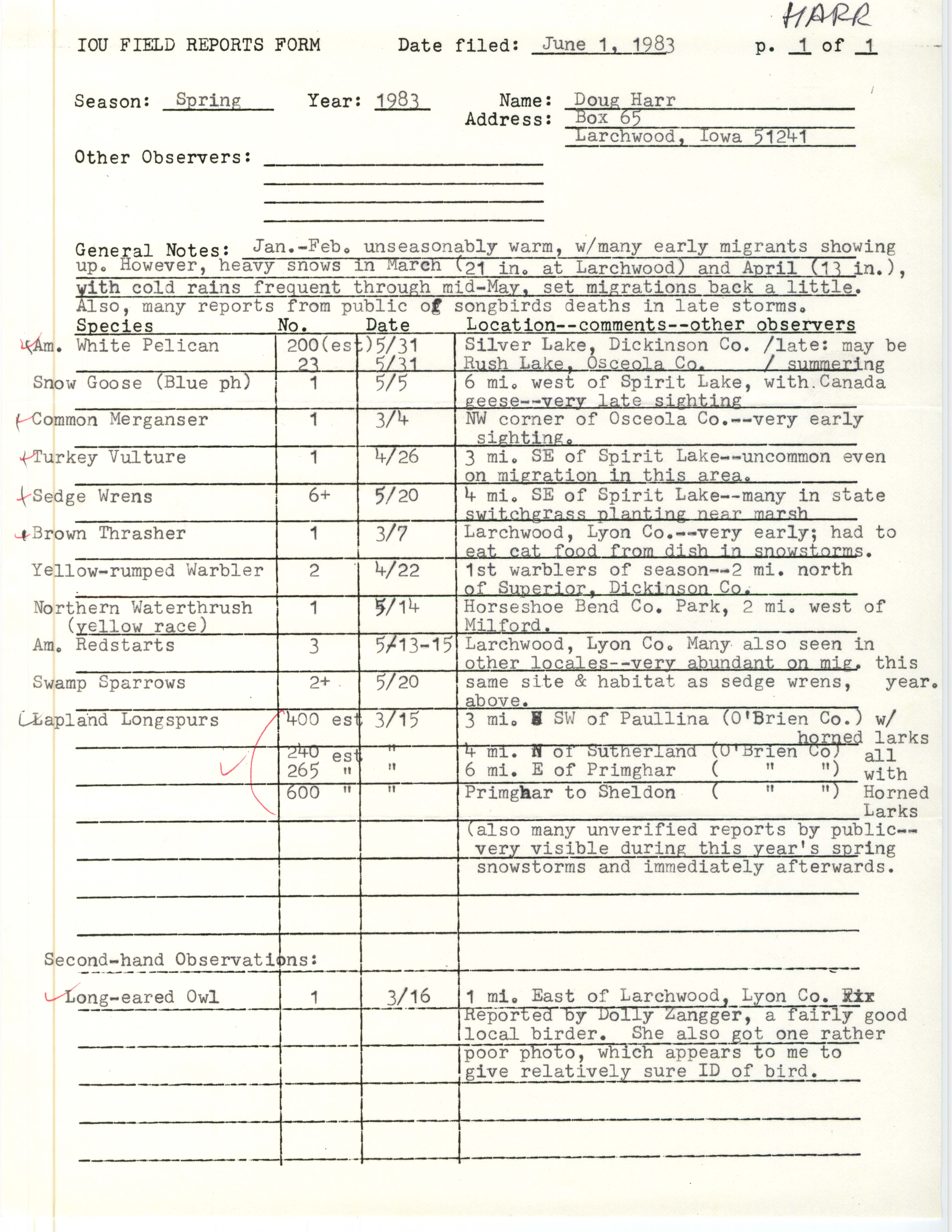 IOU field report form contributed by Douglas C. Harr, June 1, 1983
