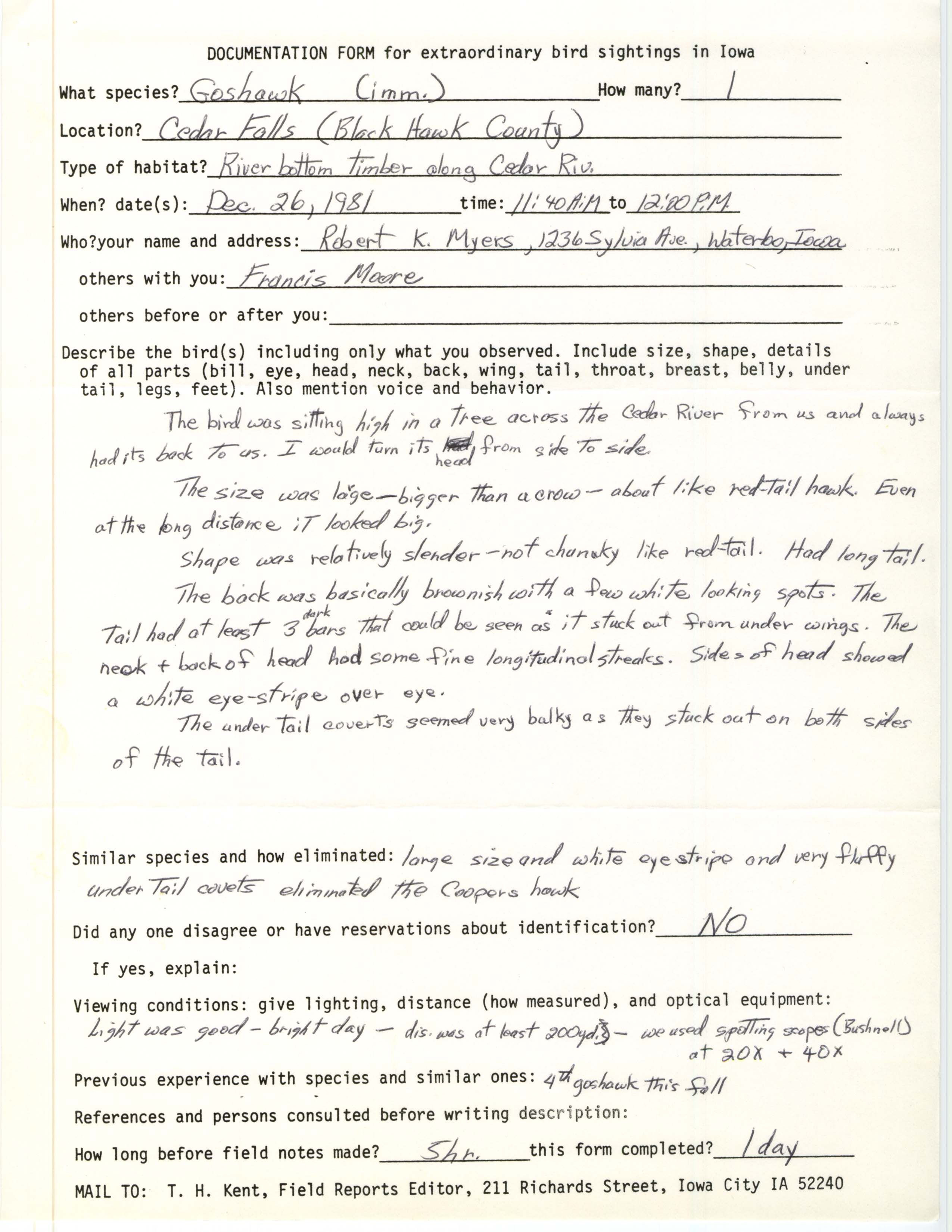Rare bird documentation form for Northern Goshawk at Cedar Falls, 1981