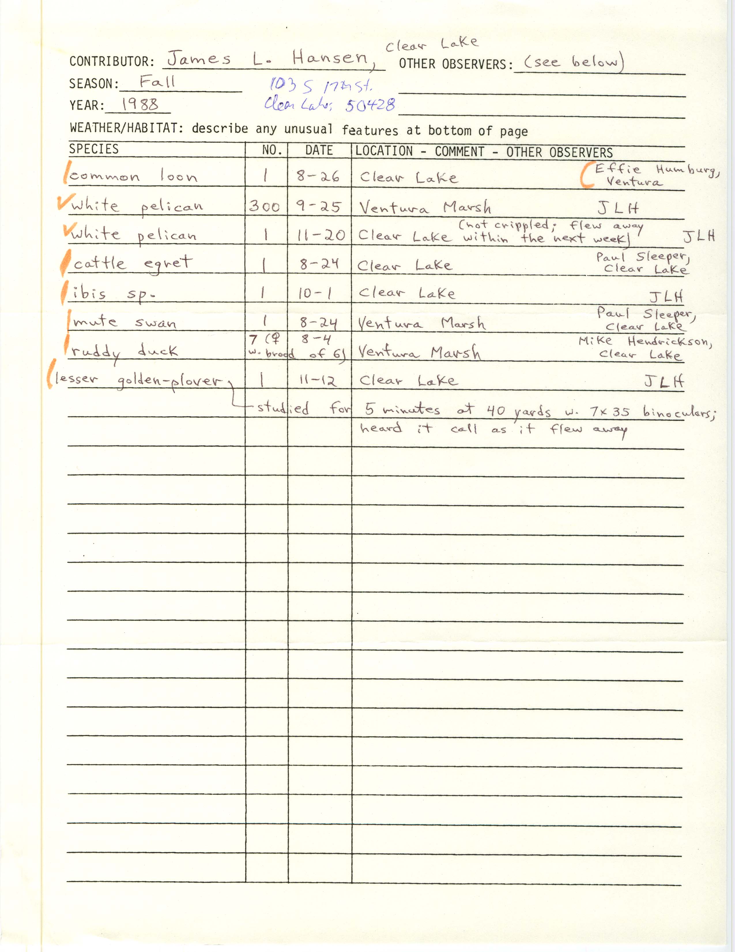Field notes contributed by James L. Hansen, fall 1988