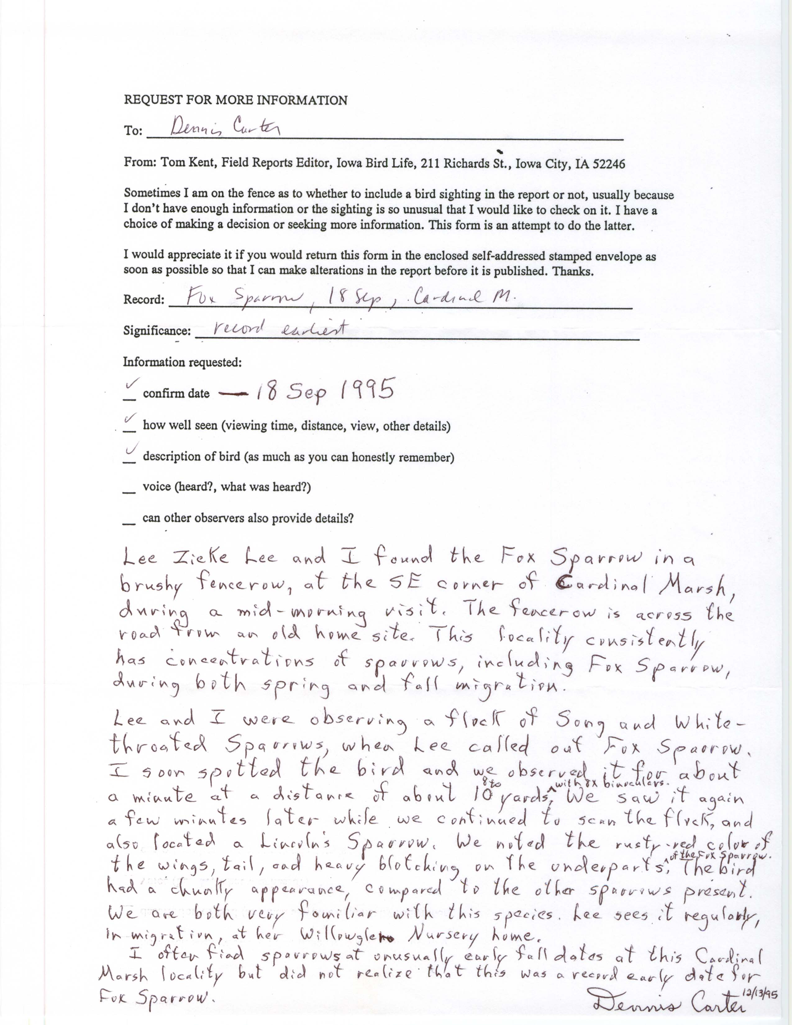 Rare bird documentation form for Fox Sparrow at Cardinal Marsh, 1995
