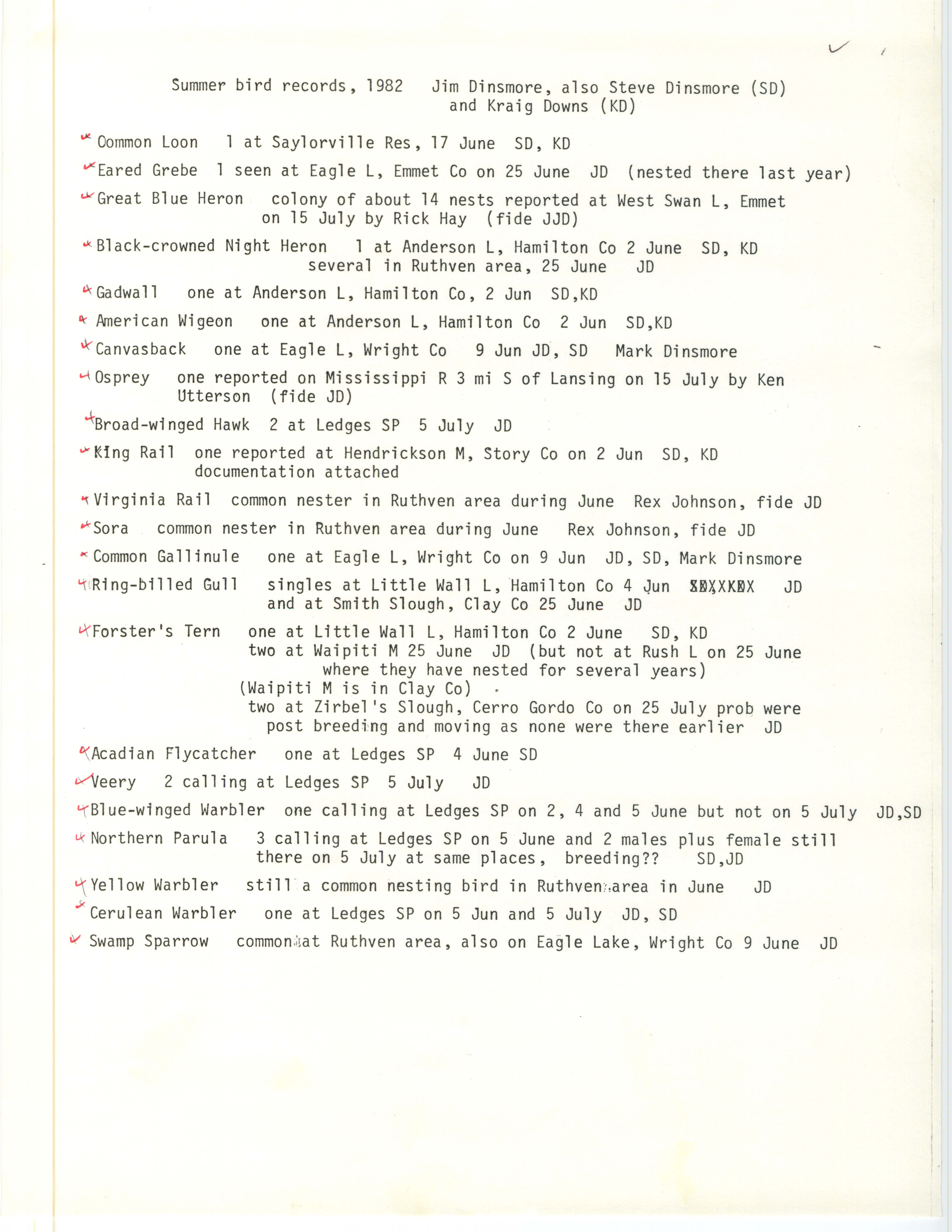 Field notes contributed by James J. Dinsmore, Stephen J. Dinsmore and Kraig Downs regarding summer bird records, 1982 