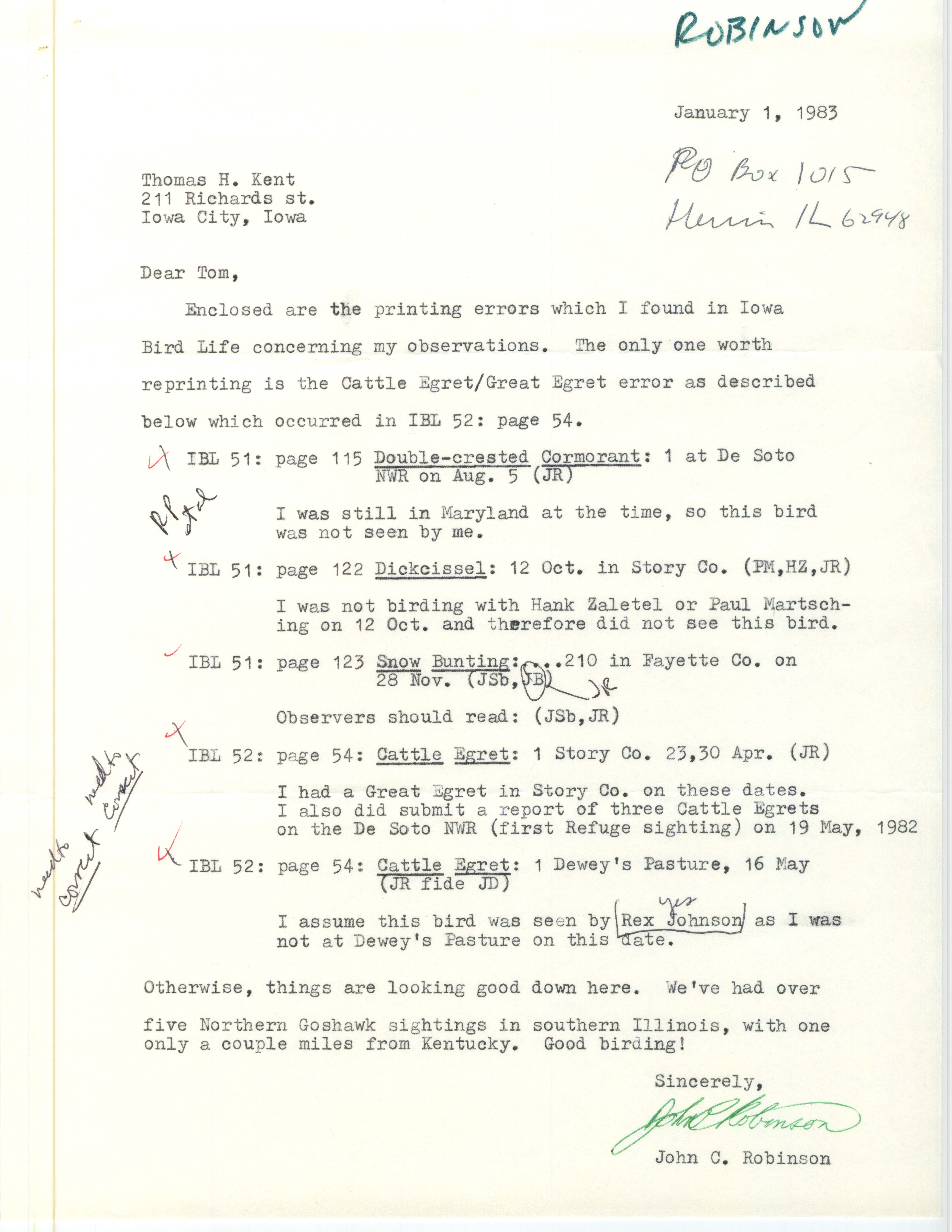 John C. Robinson letter to Thomas H. Kent regarding Iowa Bird Life printing errors with his bird sightings, January 1, 1983