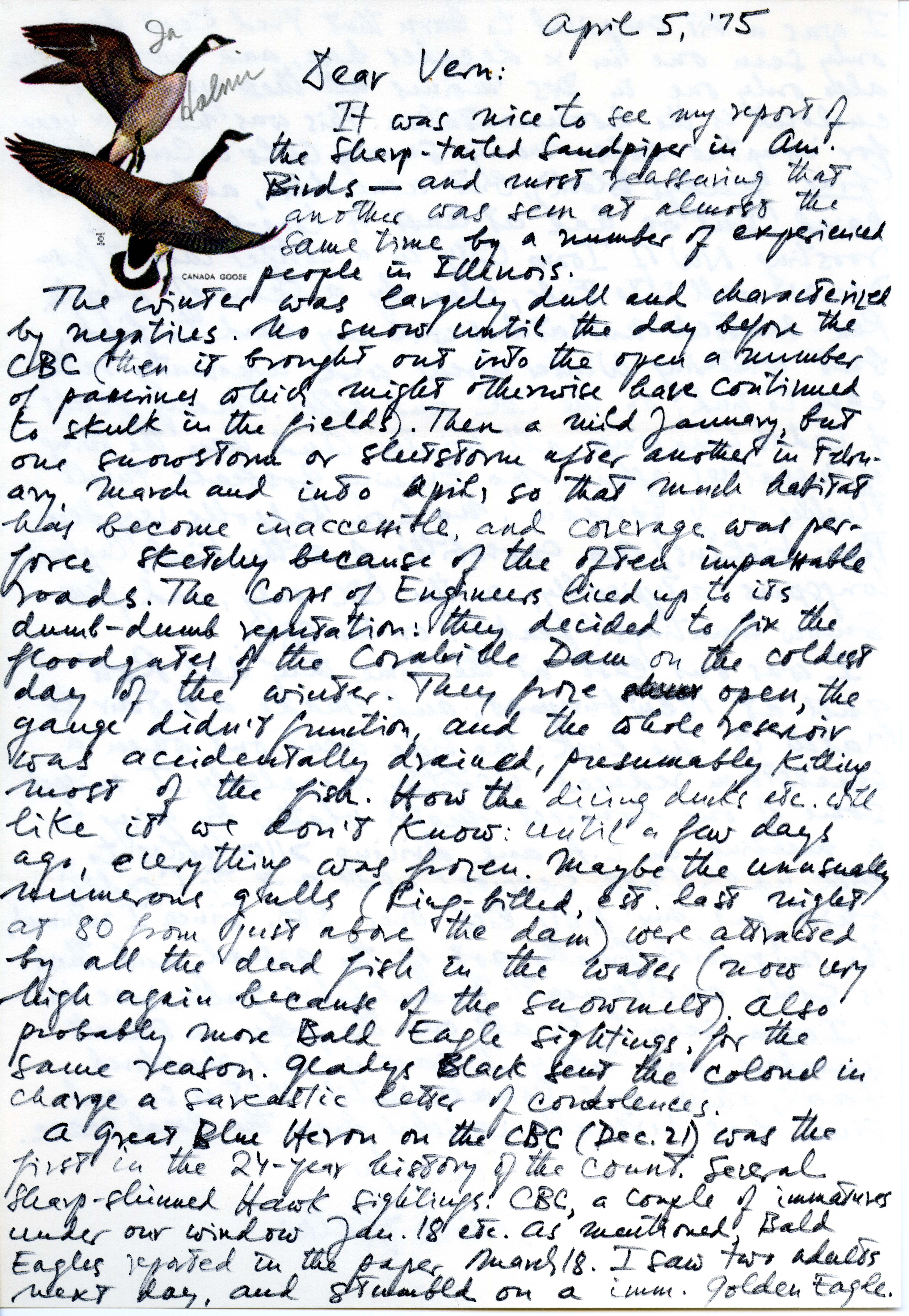 Nicholas S. Halmi letter to Vernon M. Kleen regarding birds sighted around Iowa City during winter season, April 5, 1975