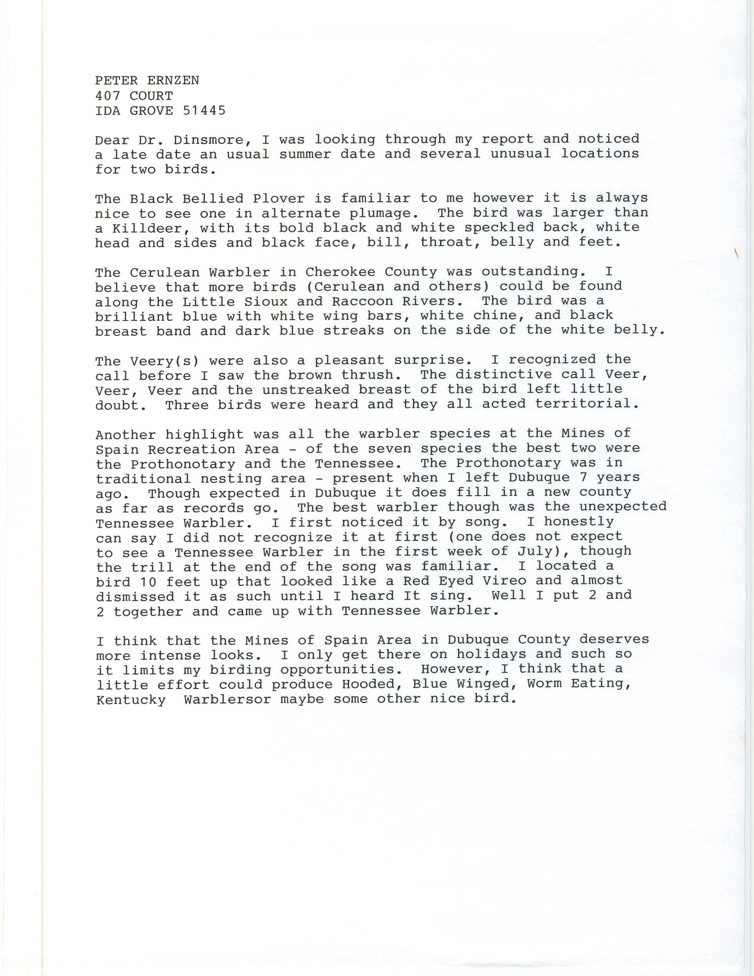 Peter Ernzen letter to James J. Dinsmore regarding summer bird sightings, summer 1997