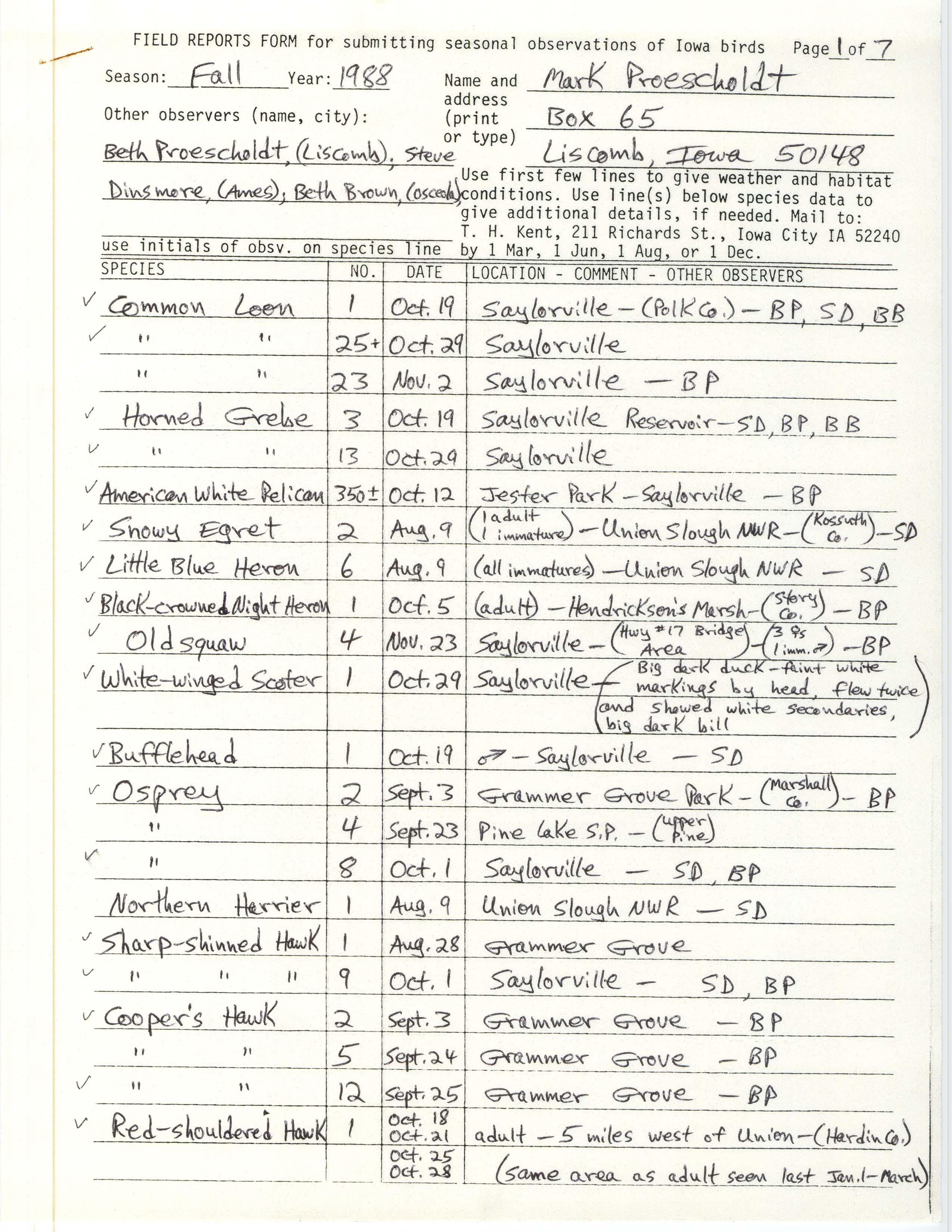 Field reports form for submitting seasonal observations of Iowa birds, Mark Proescholdt, fall 1988
