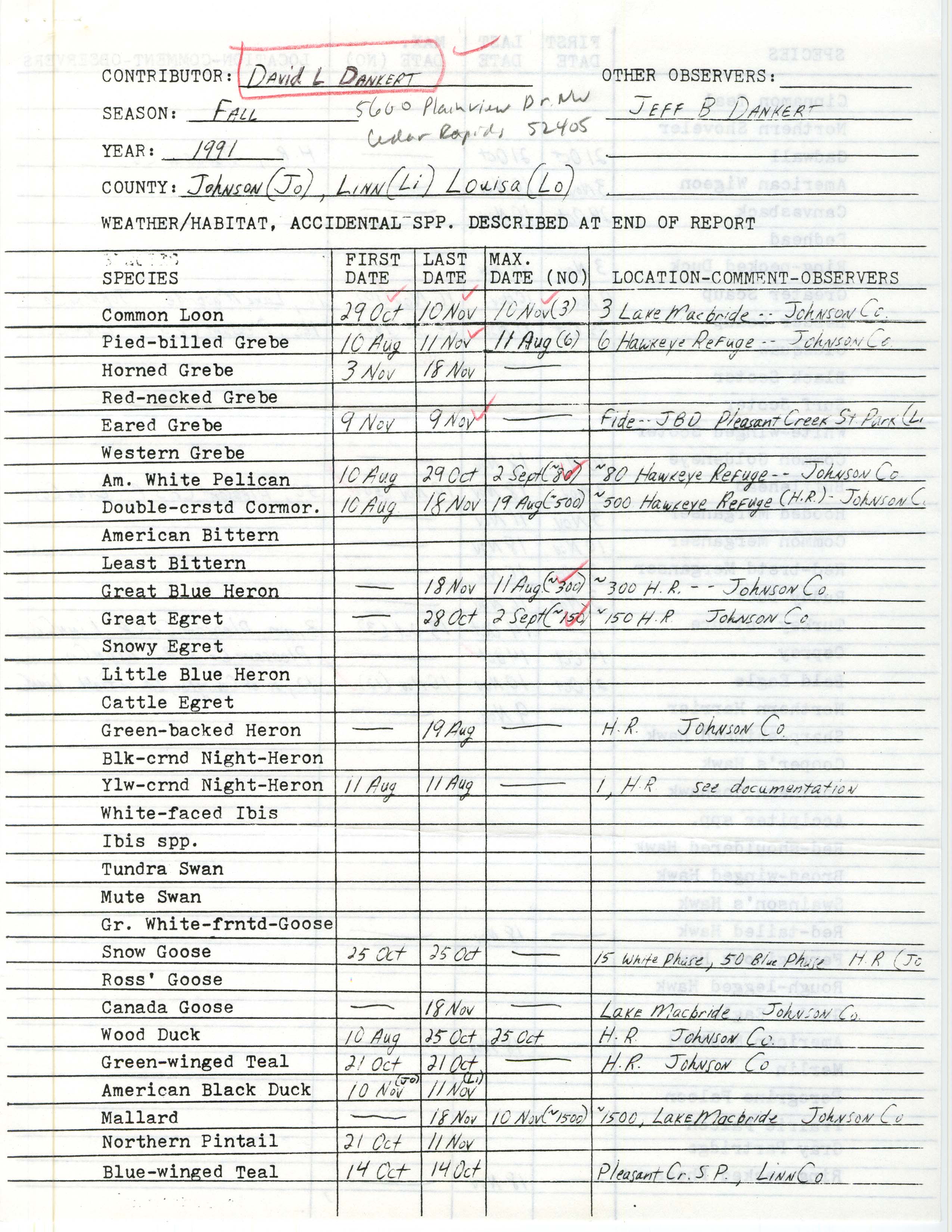 Field notes contributed by David L. Dankert, fall 1991