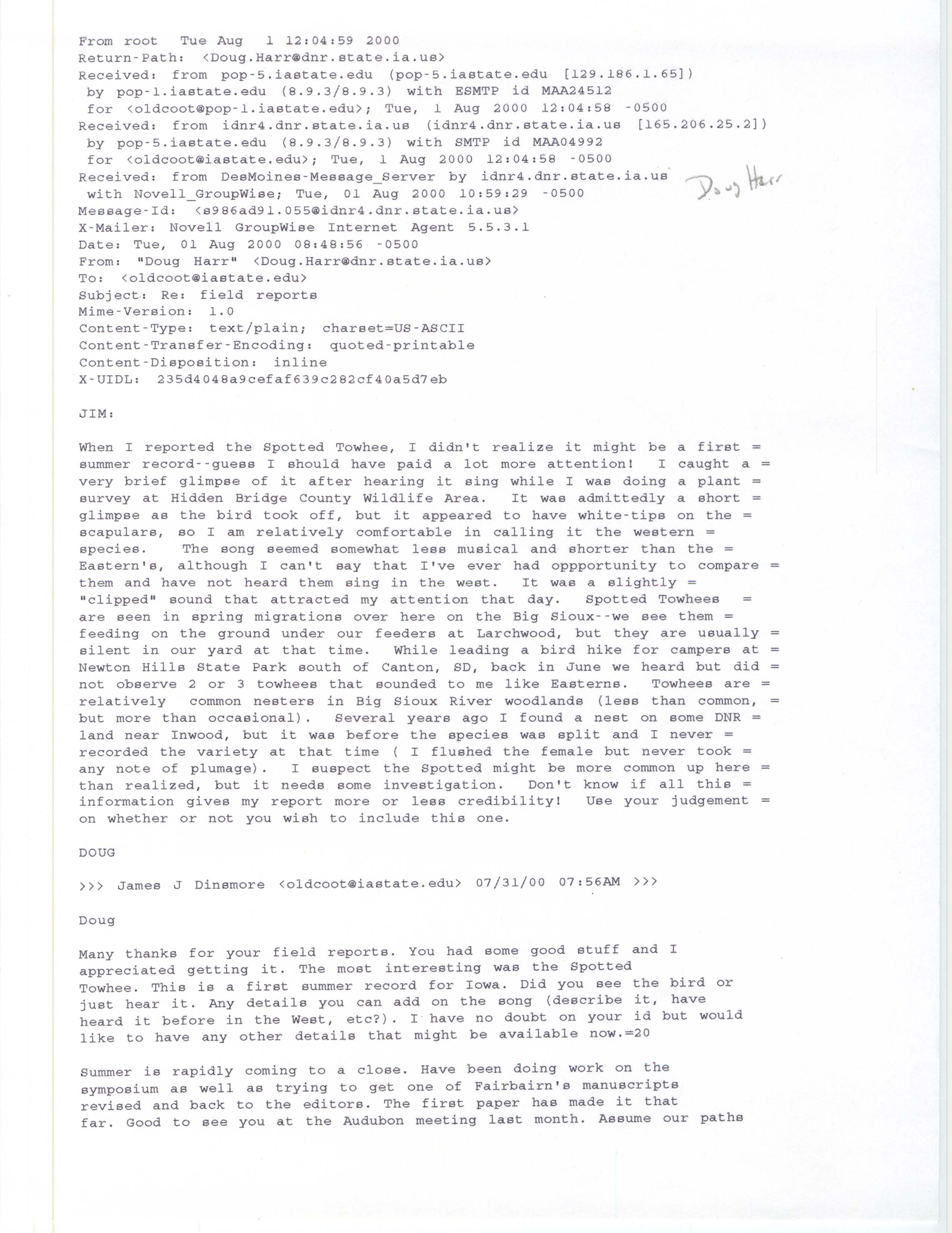 Douglas C. Harr emails to James J. Dinsmore and the IA-BIRD mailing list regarding summer bird sightings, August 1 and August 8, 2000
