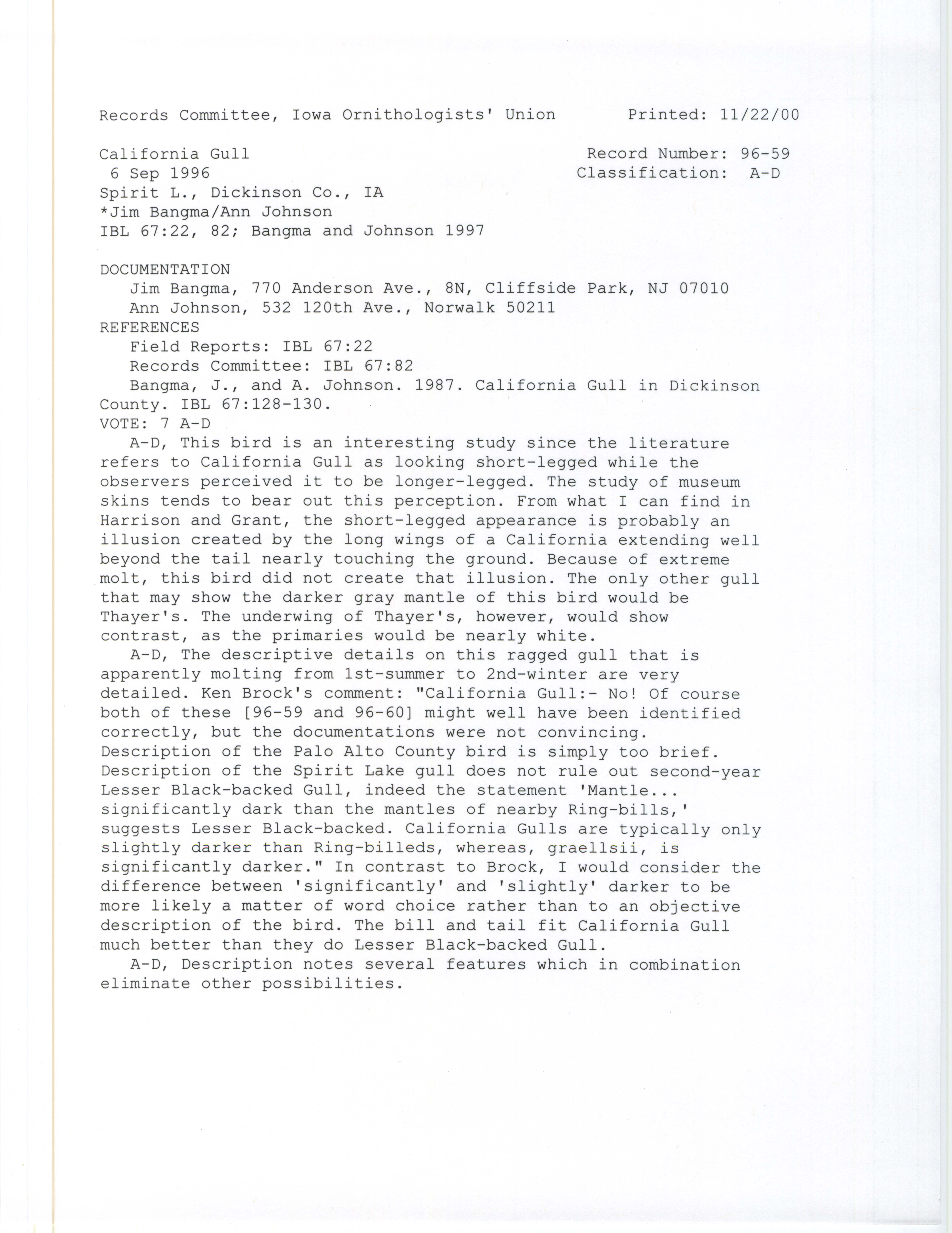 Records Committee review for rare bird sighting of California Gull at Mini-Wakan State Park, 1996