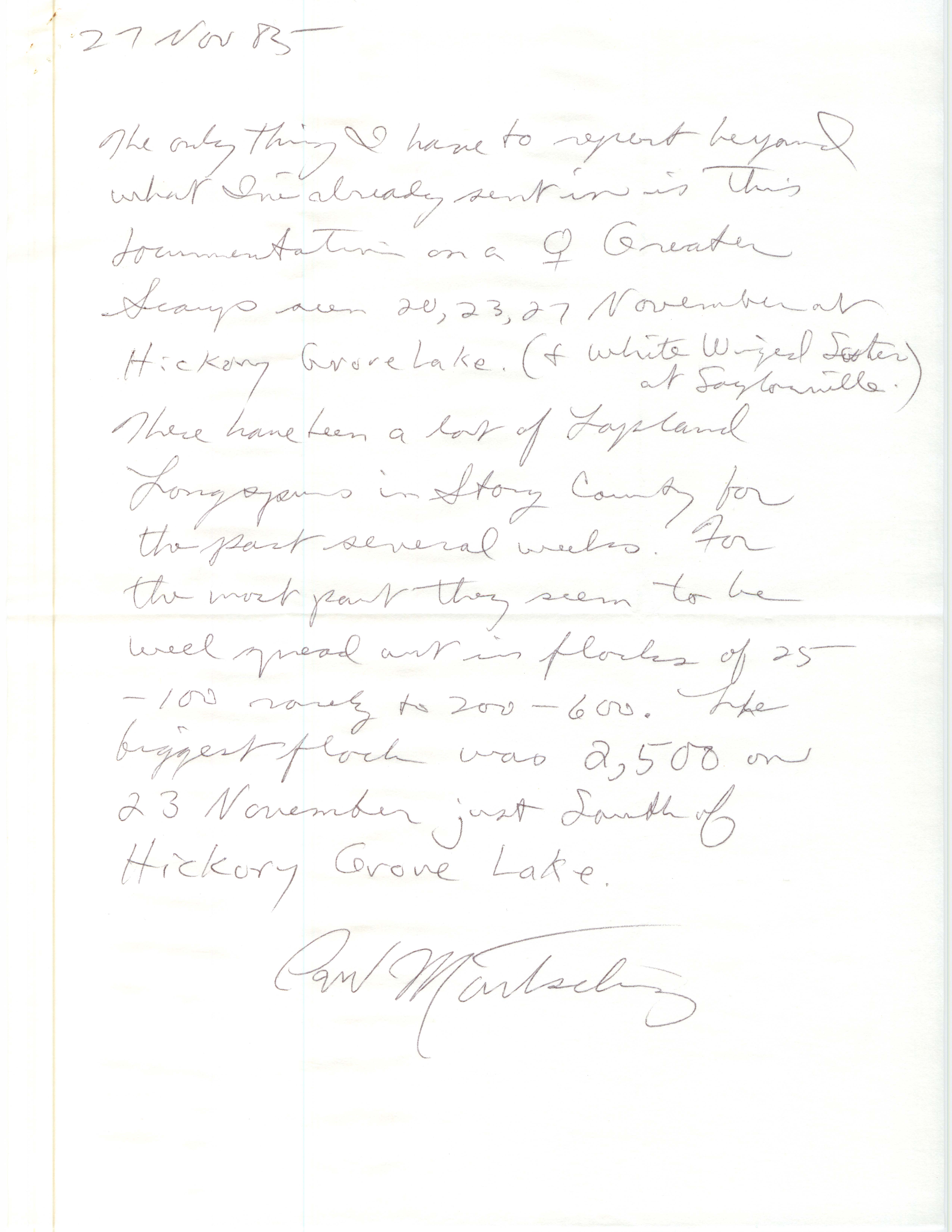 Paul Martsching letter to Thomas Kent regarding Greater Scaup documentation, November 27, 1985