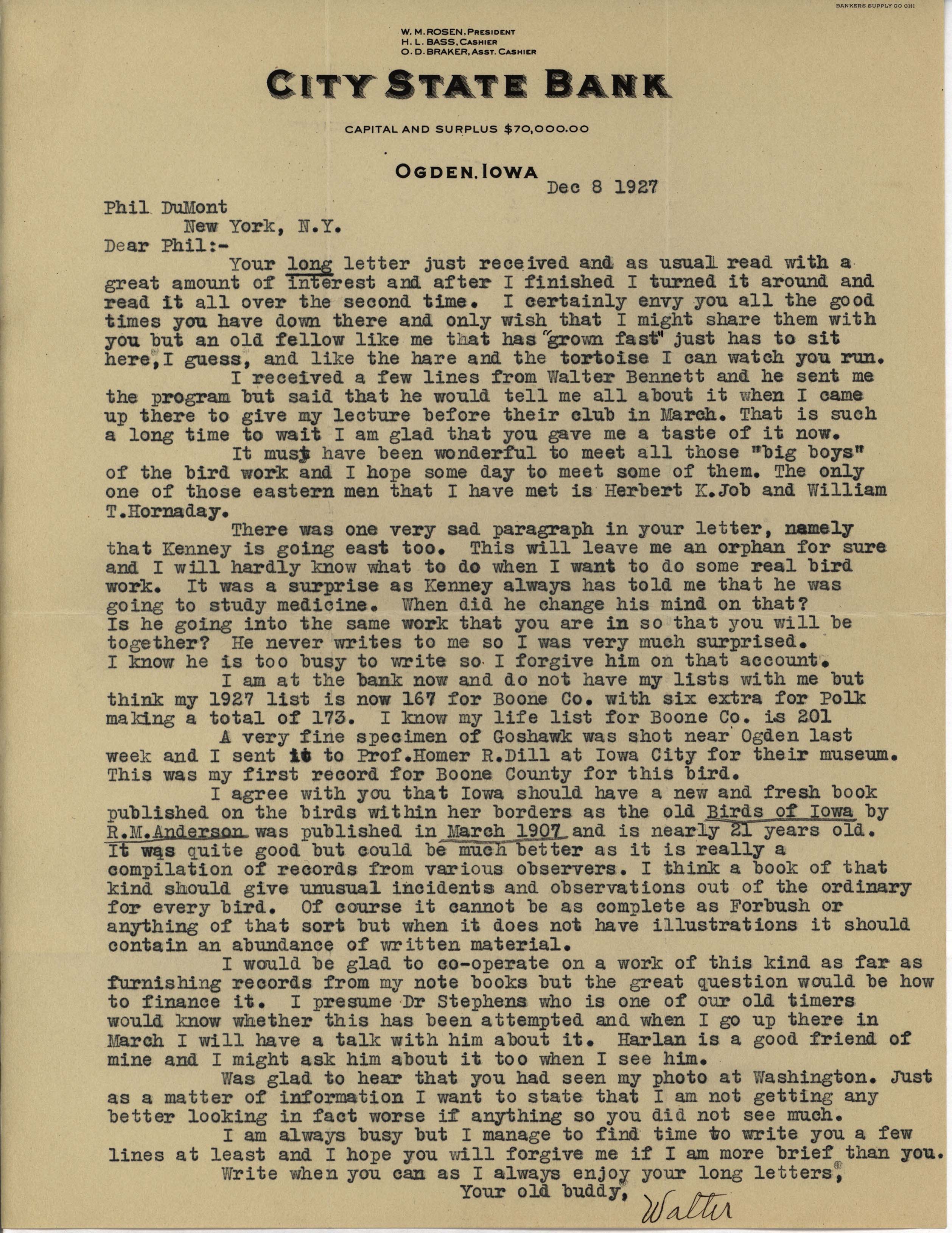 Walter Rosene letter to Philip DuMont regarding publishing a book about the Birds of Iowa, December 8, 1927