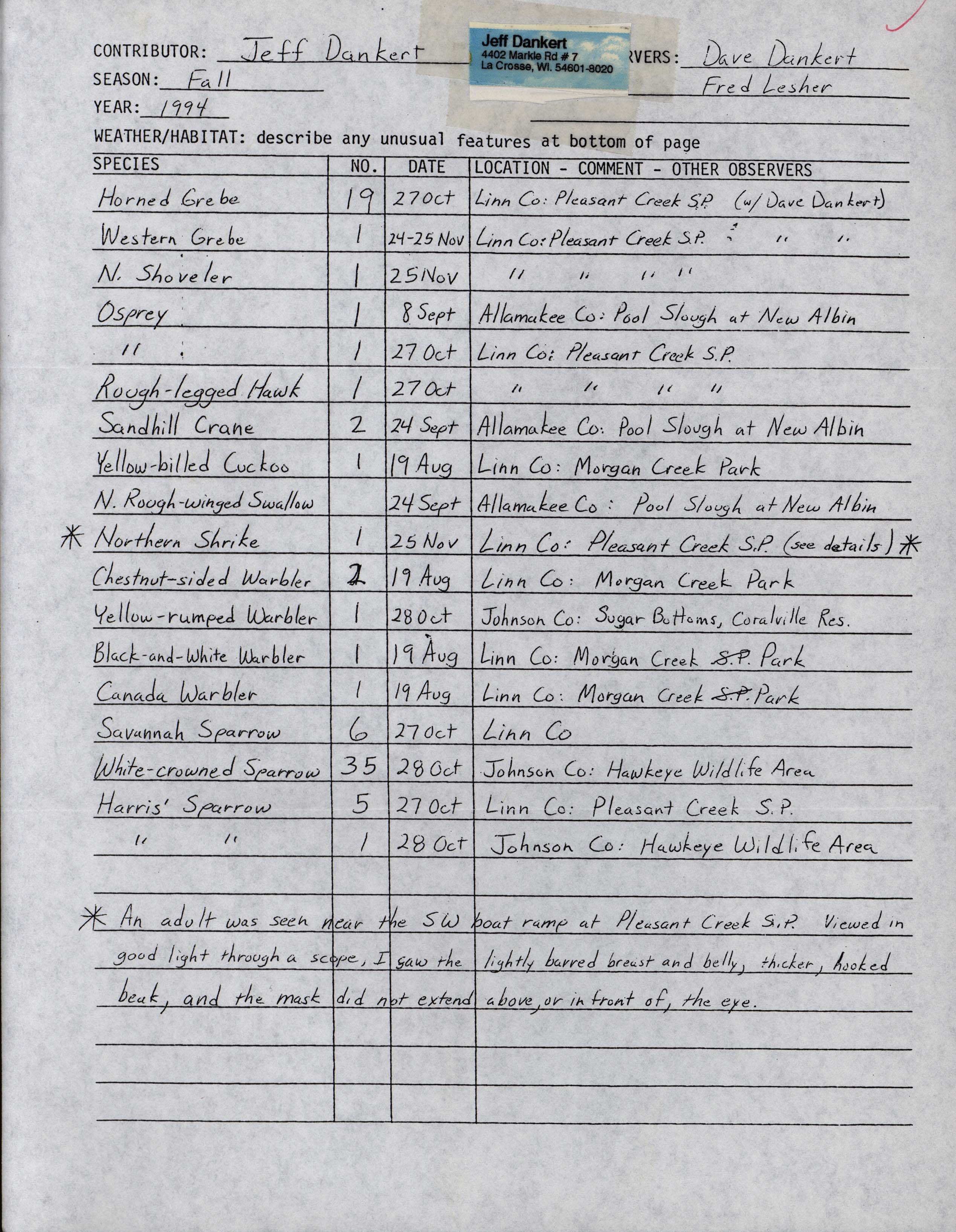 Field reports form for submitting seasonal observations of Iowa birds, Jeff Dankert, fall 1994