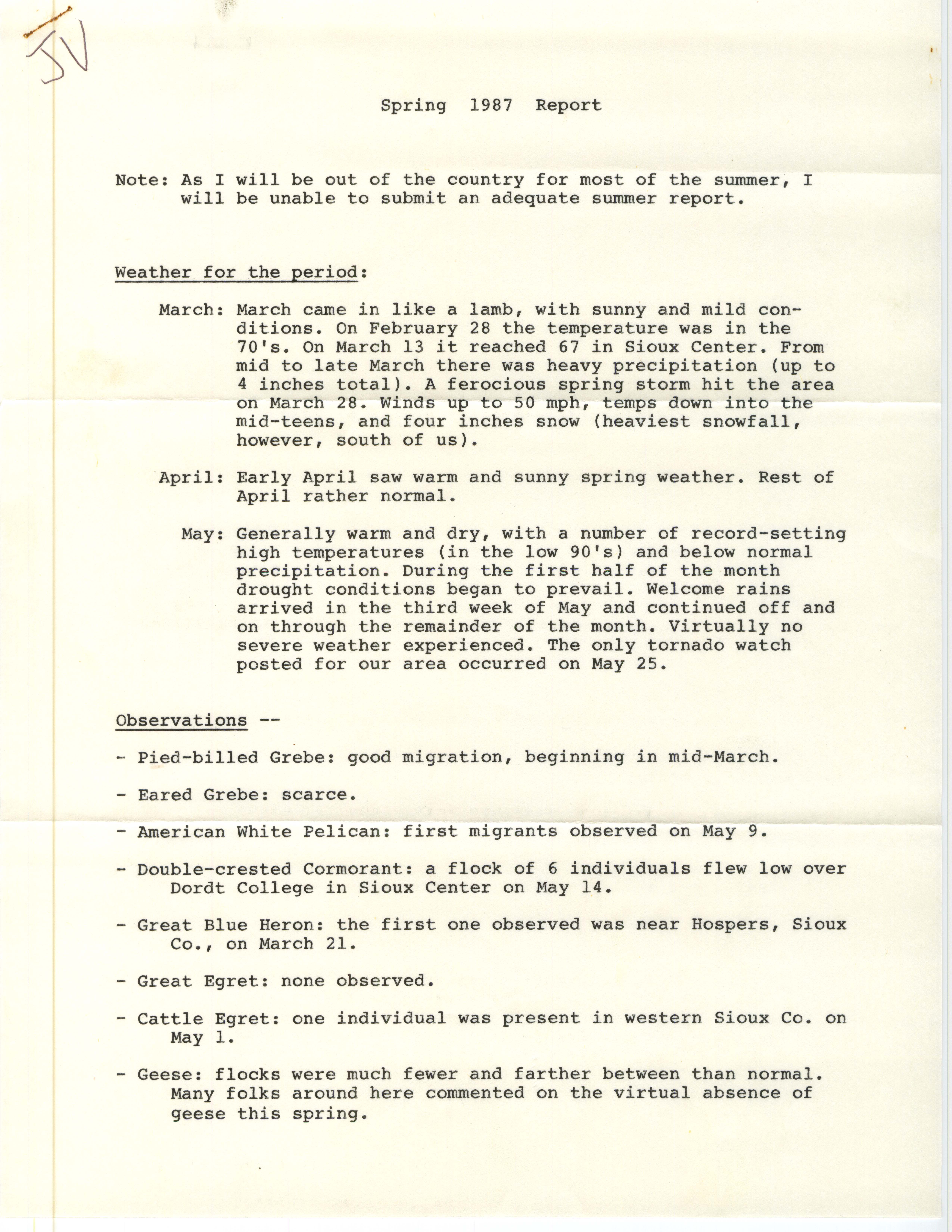 Field notes contributed by John Van Dyk, June 1, 1987