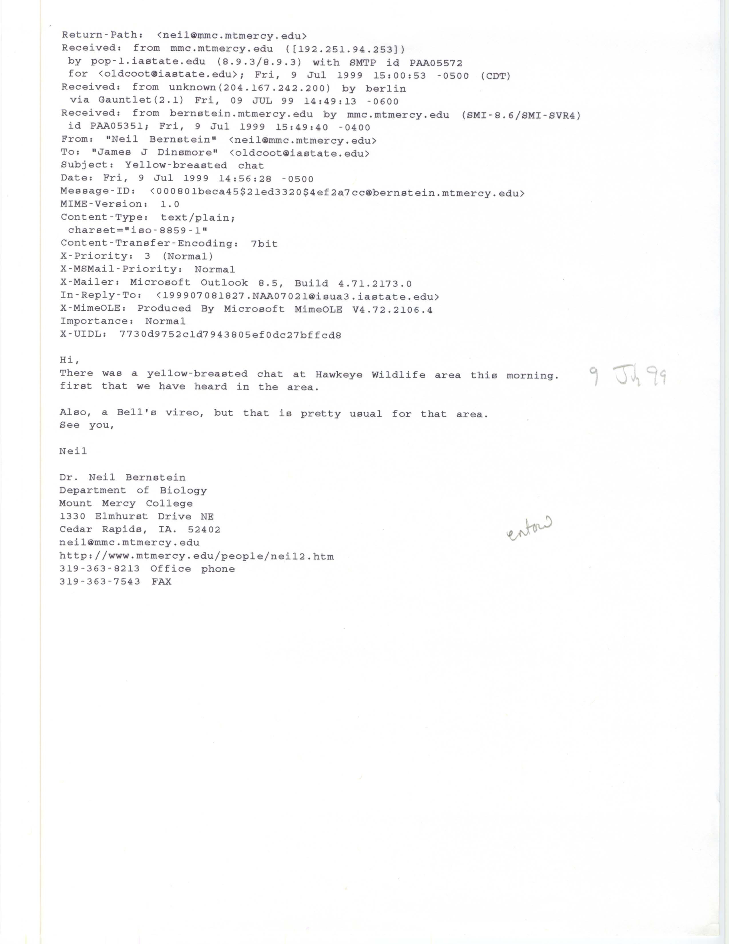 Neil Bernstein email to Jim Dinsmore regarding Yellow-breasted Chat, July 9, 1999