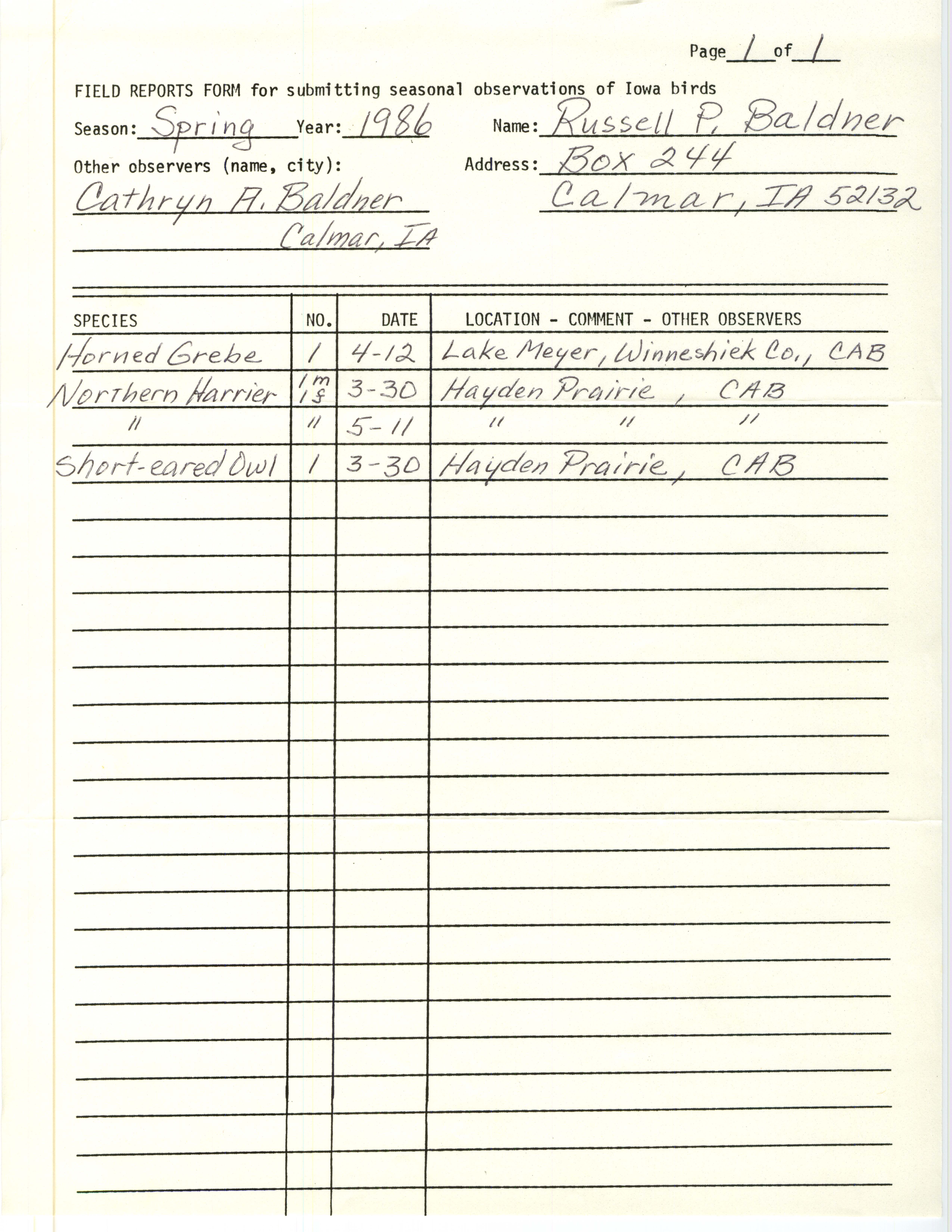 Field reports form for submitting seasonal observations of Iowa birds, Russell Baldner, Spring 1986