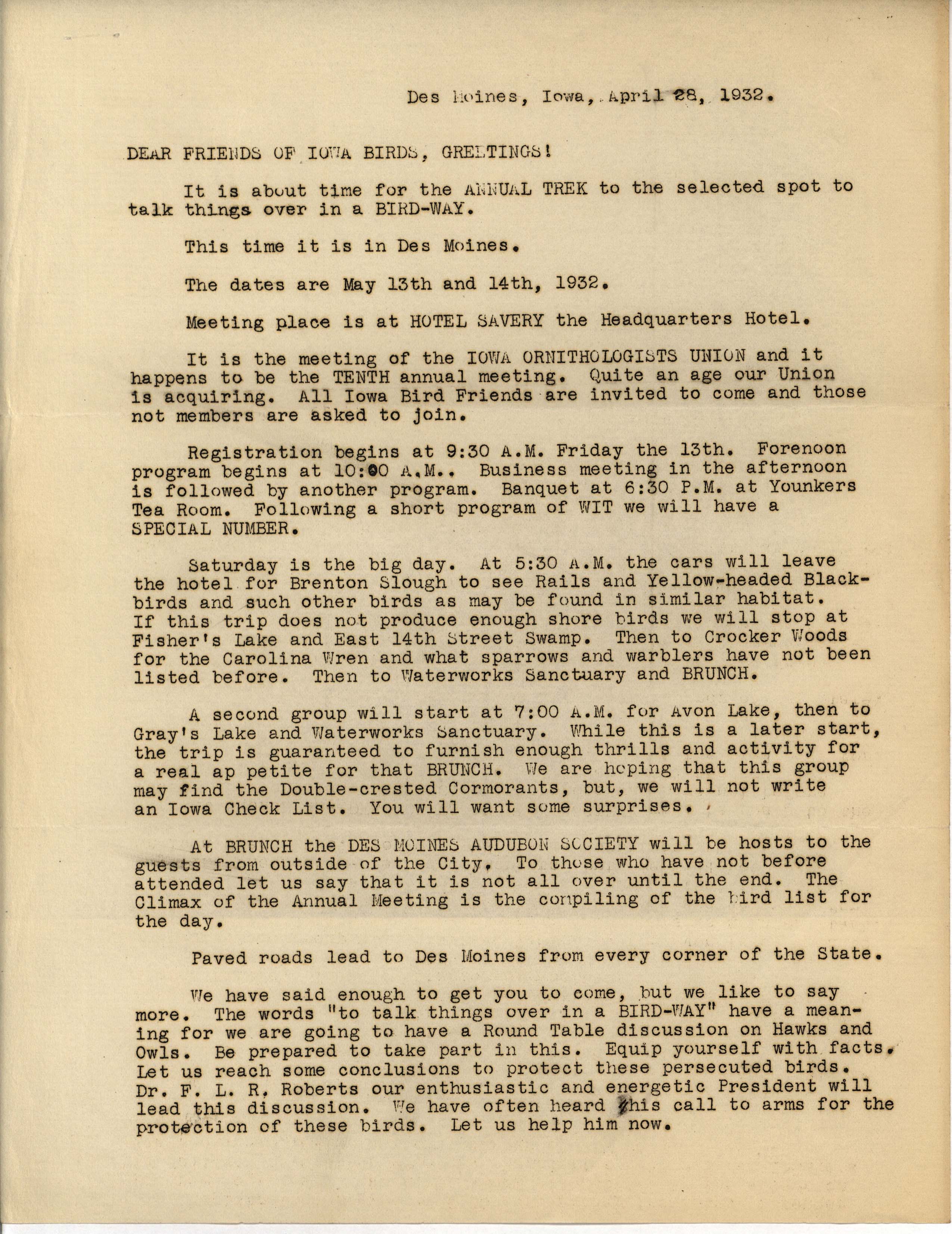 Des Moines Audubon Society letter to its members regarding Iowa Ornithologists' Union annual meeting, April 28, 1932