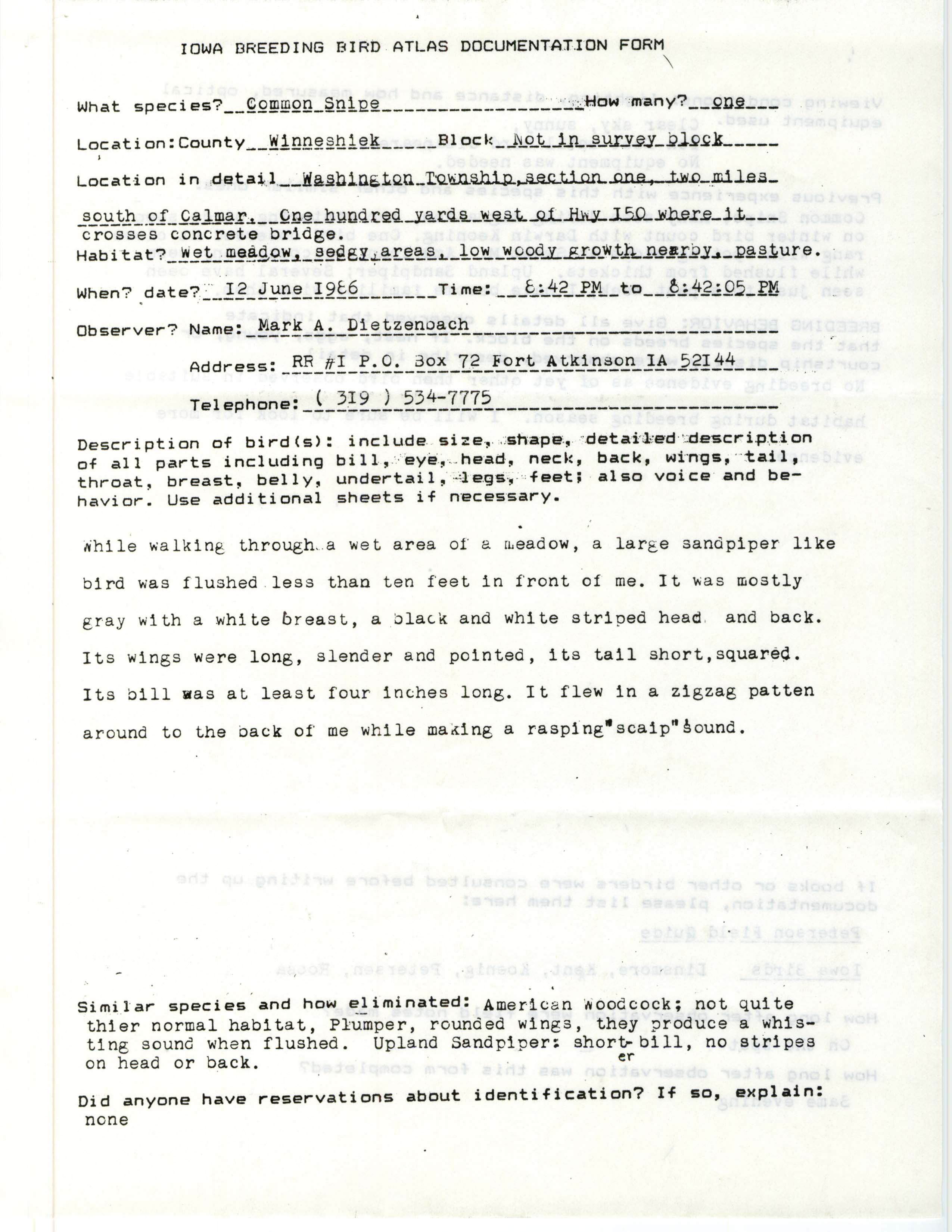 Rare bird documentation form for Common Snipe at Washington Township, 1986