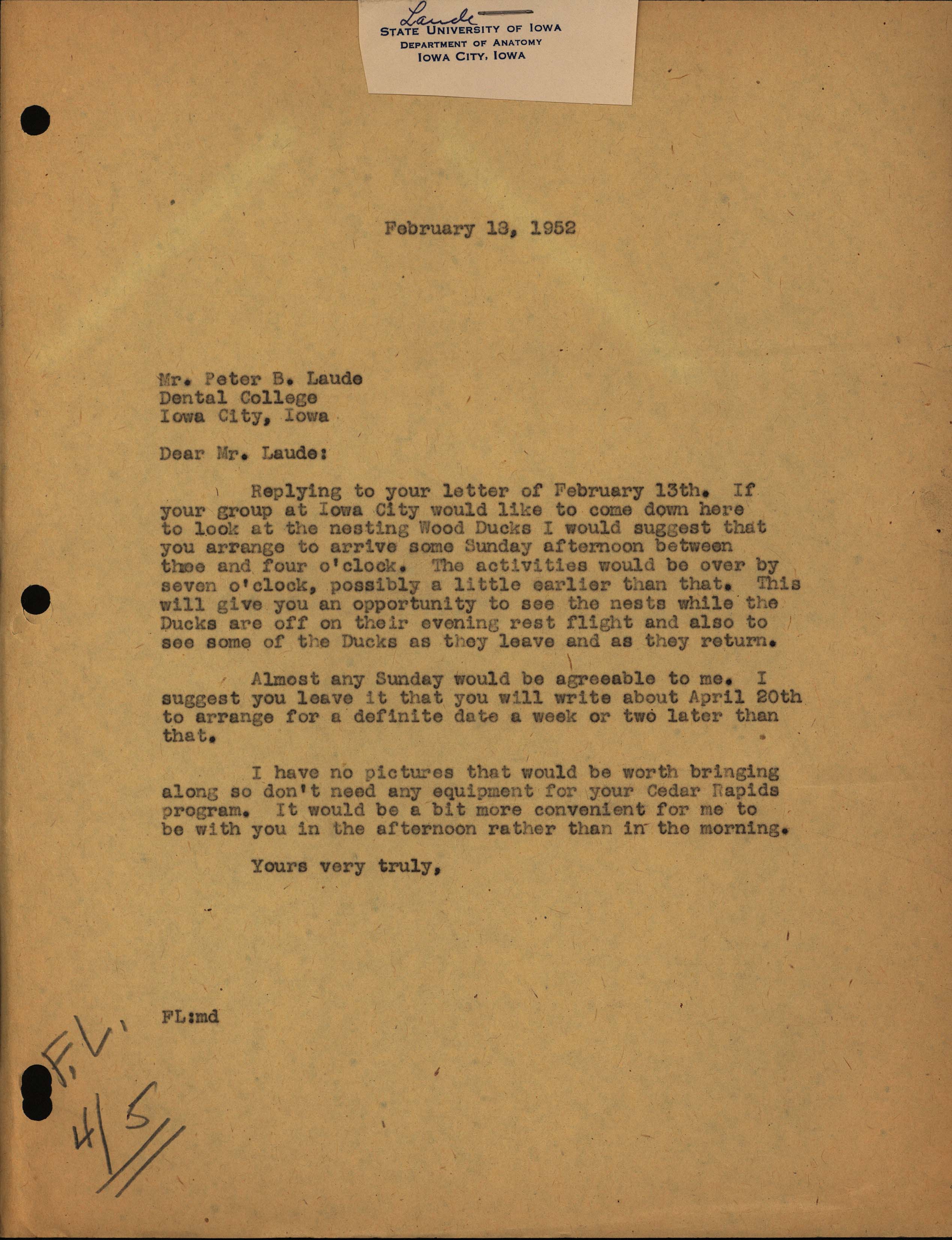 Frederic Leopold letter to Peter P. Laude regarding an invitation to view the Wood Ducks and the Iowa Ornithologists' Union annual meeting, February 18, 1952