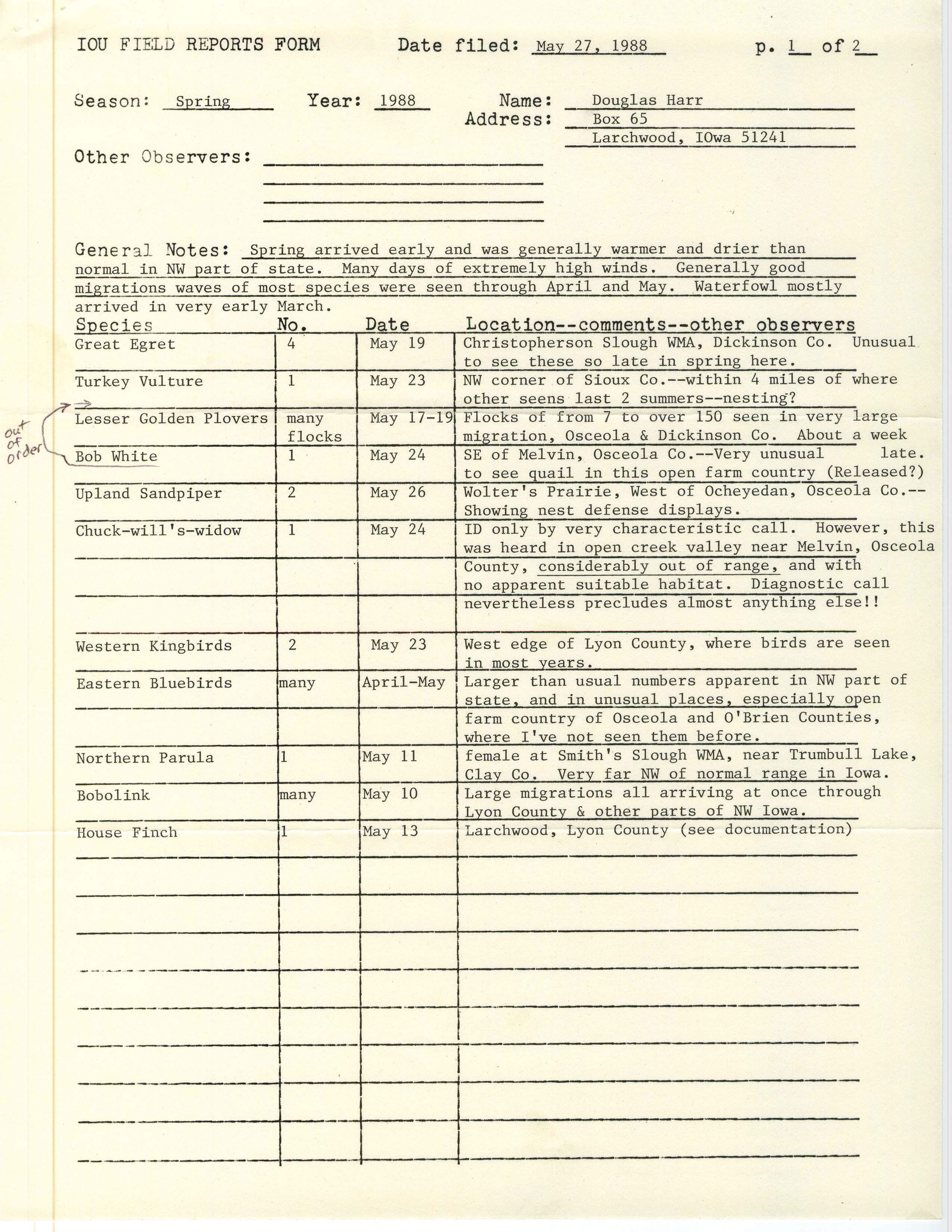 IOU field reports form, Douglas C. Harr, May 27, 1988  