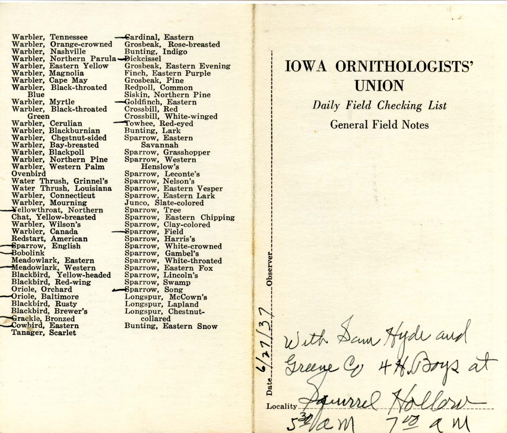 Daily field checking list by Walter Rosene, June 27, 1937
