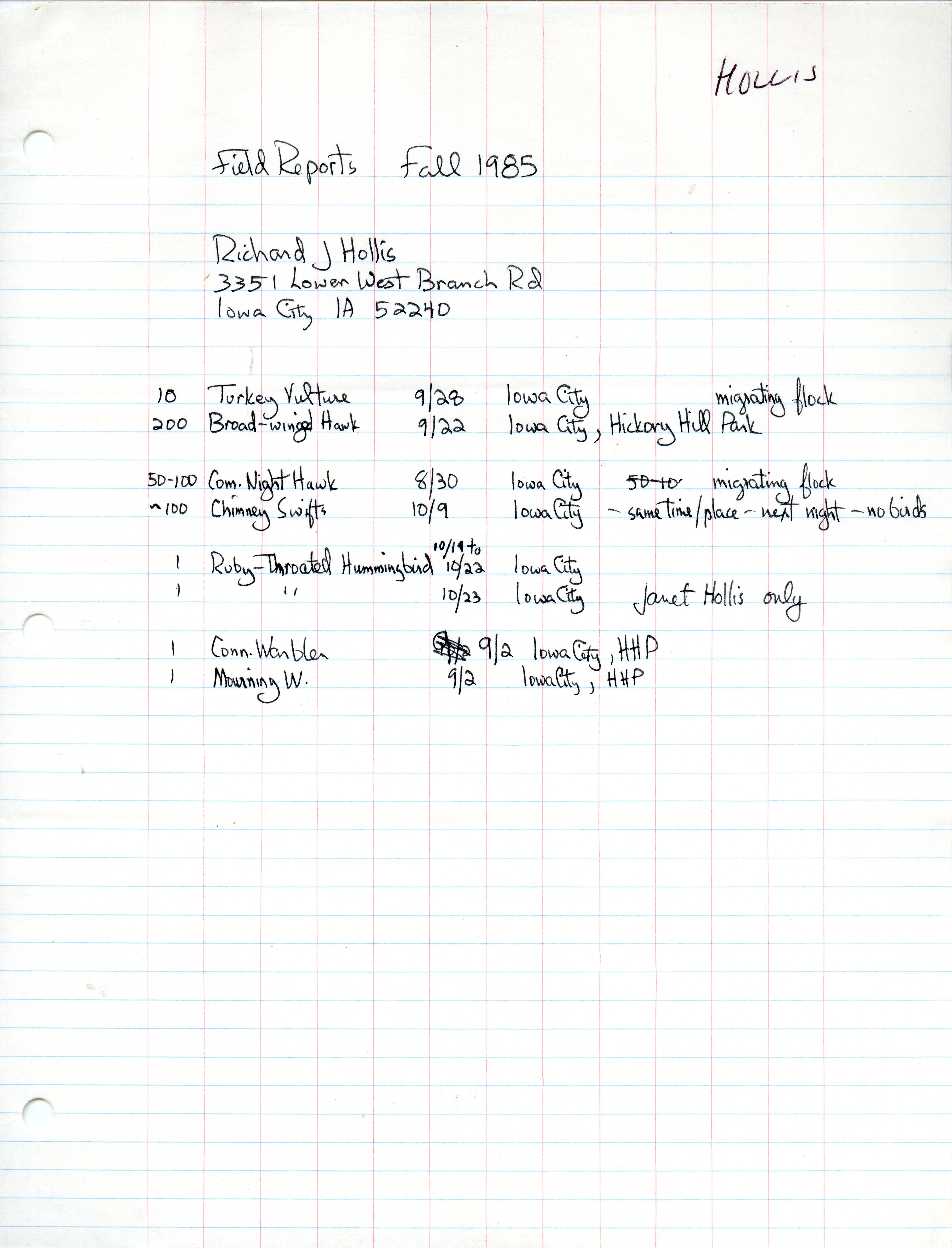 List of birds sighted for Fall 1985 compiled by Richard Hollis