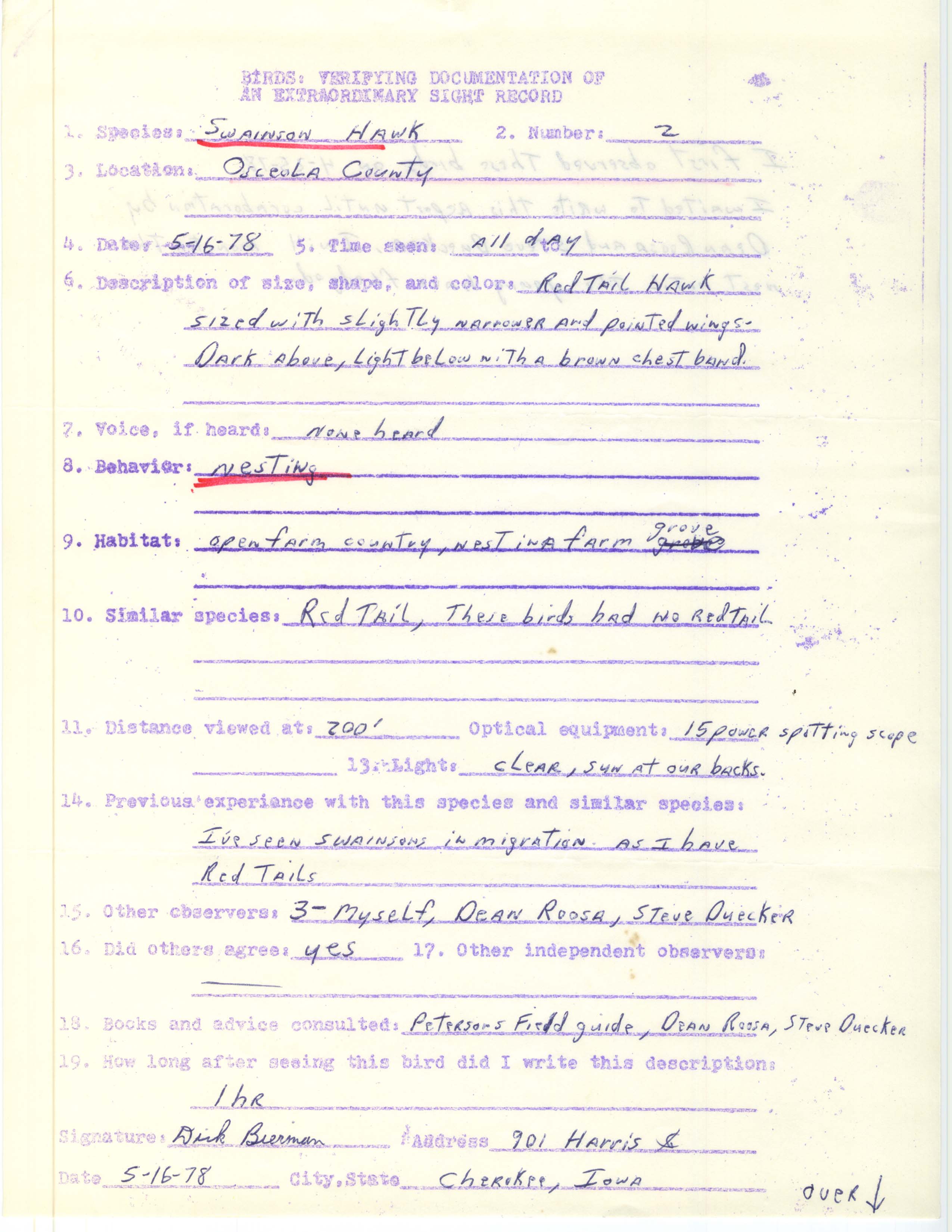 Rare bird documentation form for Swainson's Hawk at Osceola County, 1978