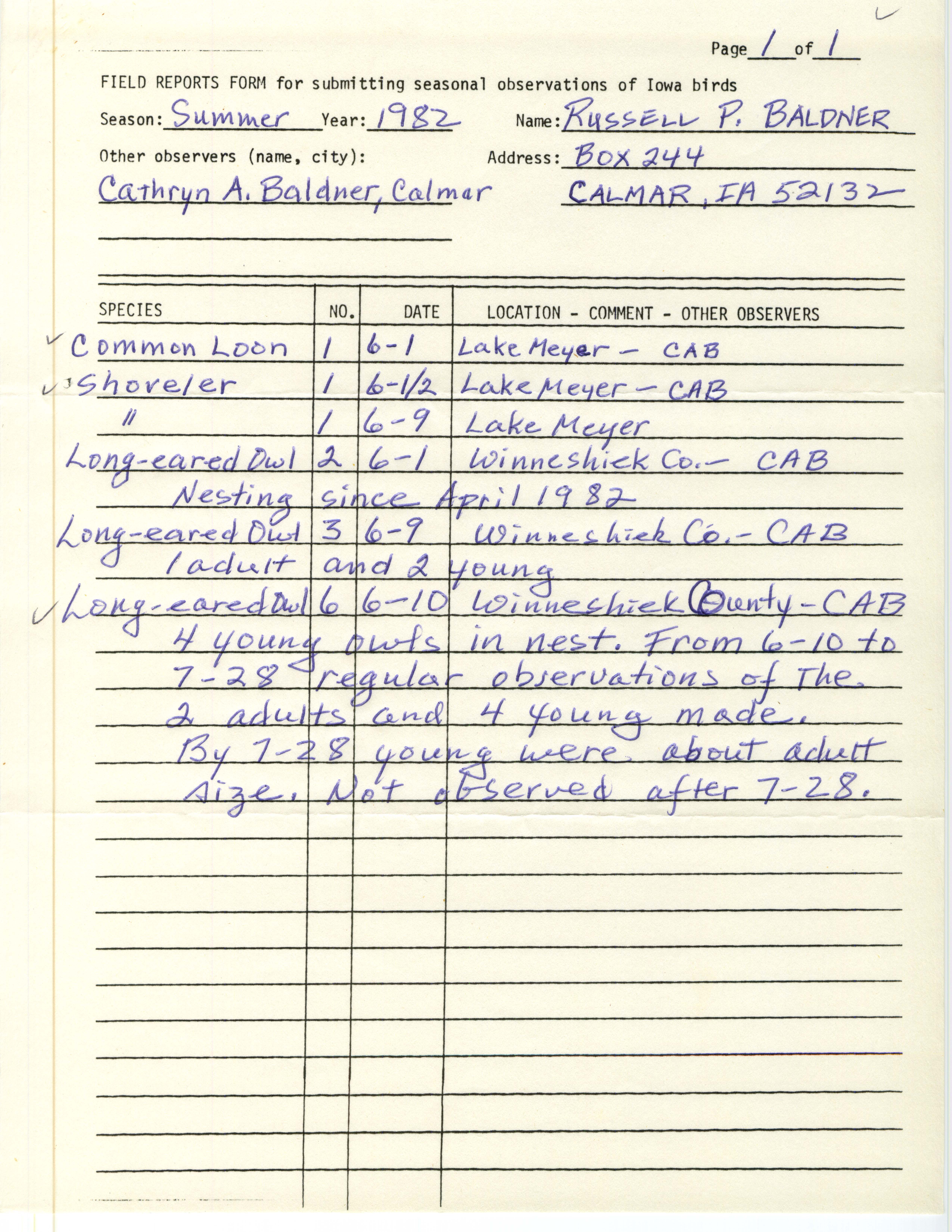 Field report contributed by Russell P. Baldner and Cathryn A. Baldner, summer 1982