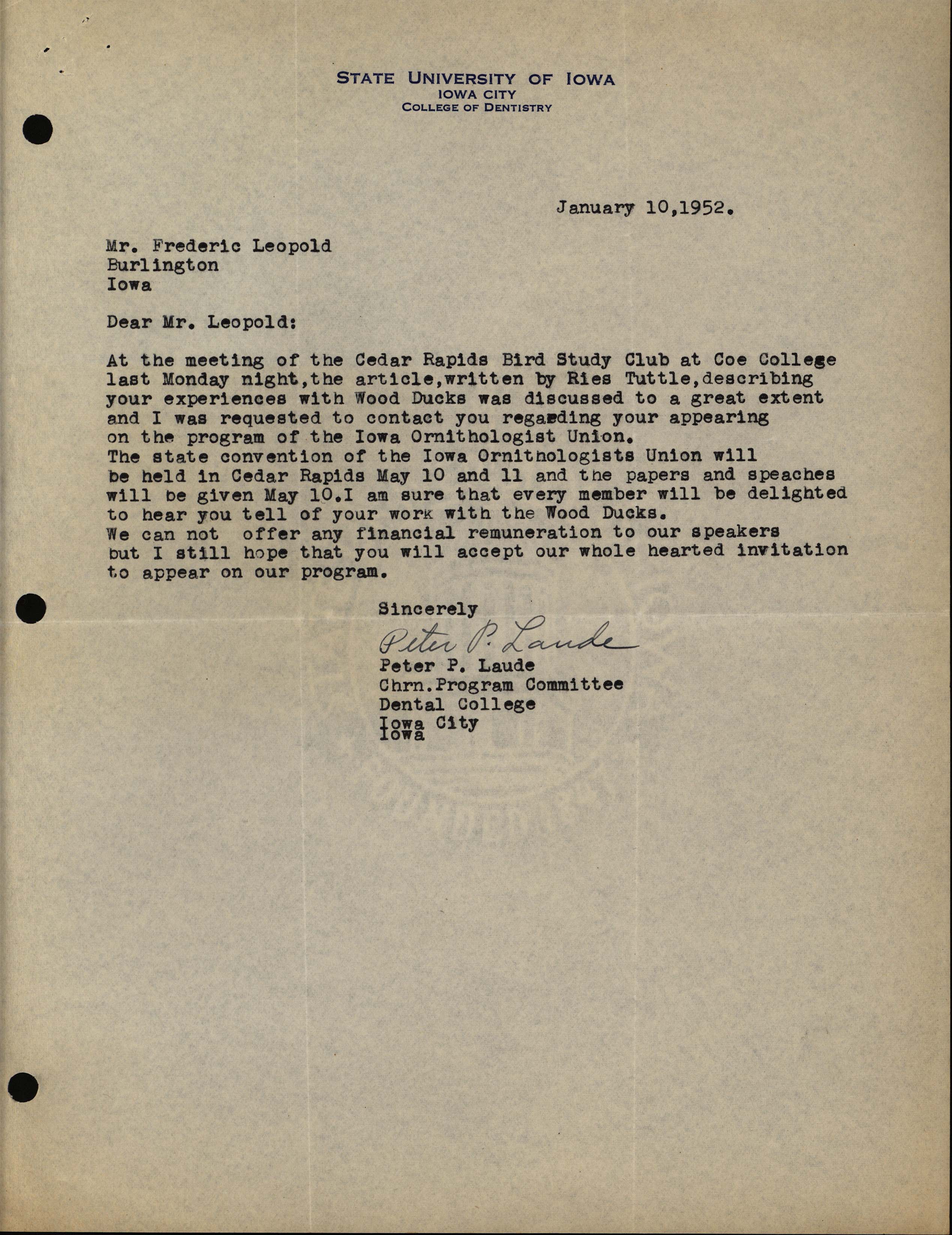 Peter P. Laude letter to Frederic Leopold regarding an invitation to speak at the Iowa Ornithologists' Union convention, January 10, 1952