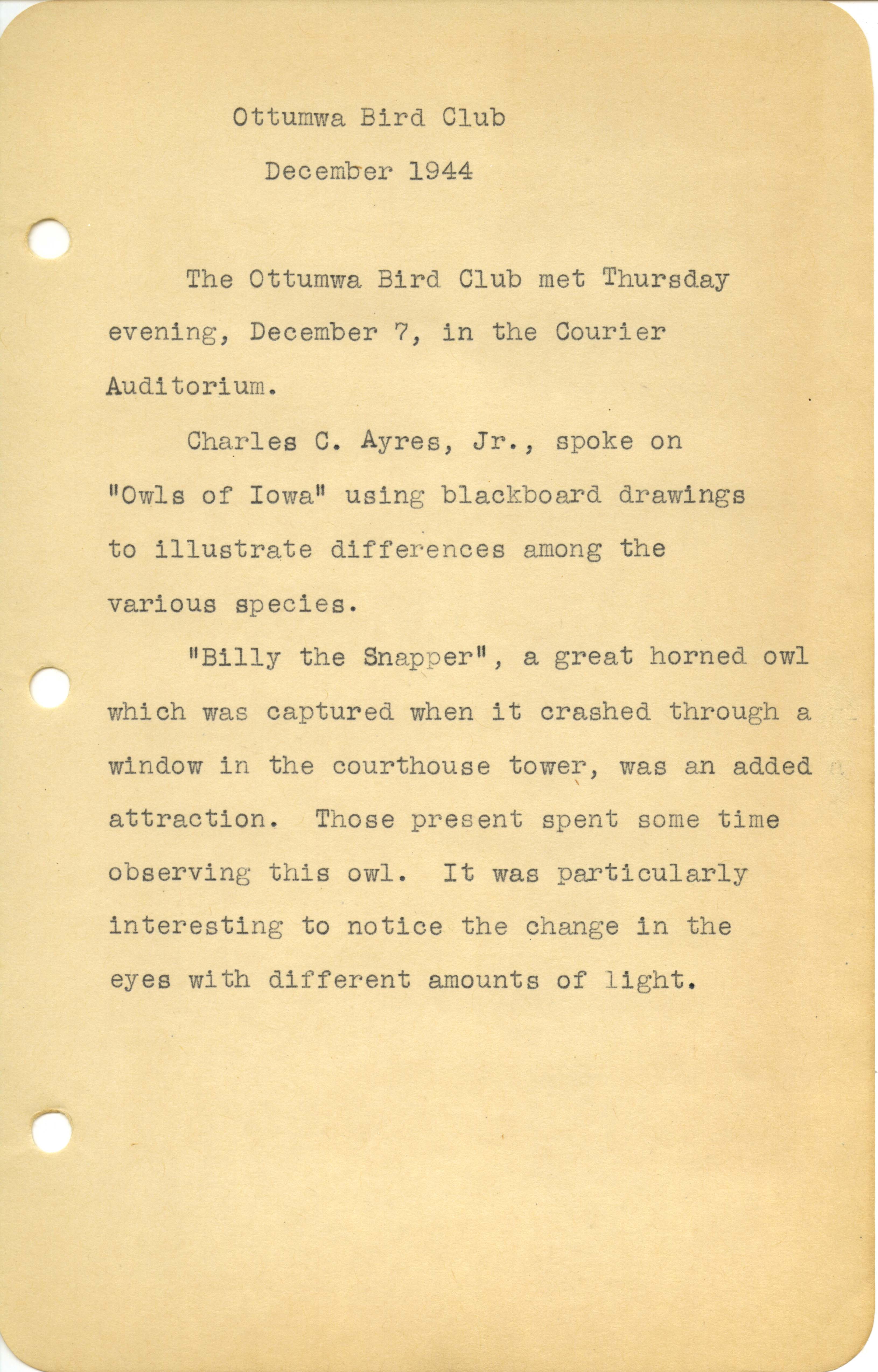 Ottumwa Bird Club meeting minutes, December 7, 1944