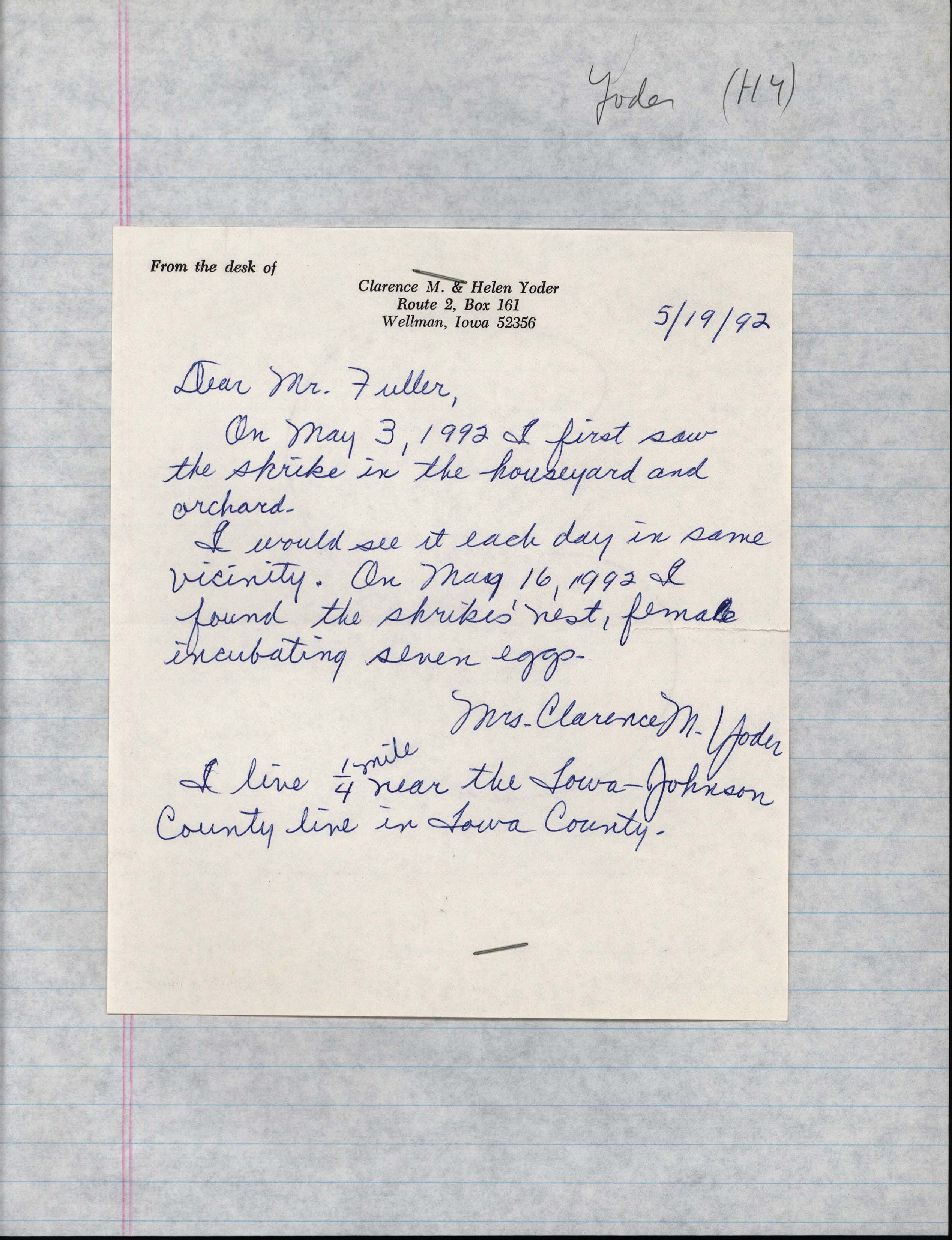 Helen Yoder letter to James L. Fuller regarding a Loggerhead Shrike sighting, May 19, 1992