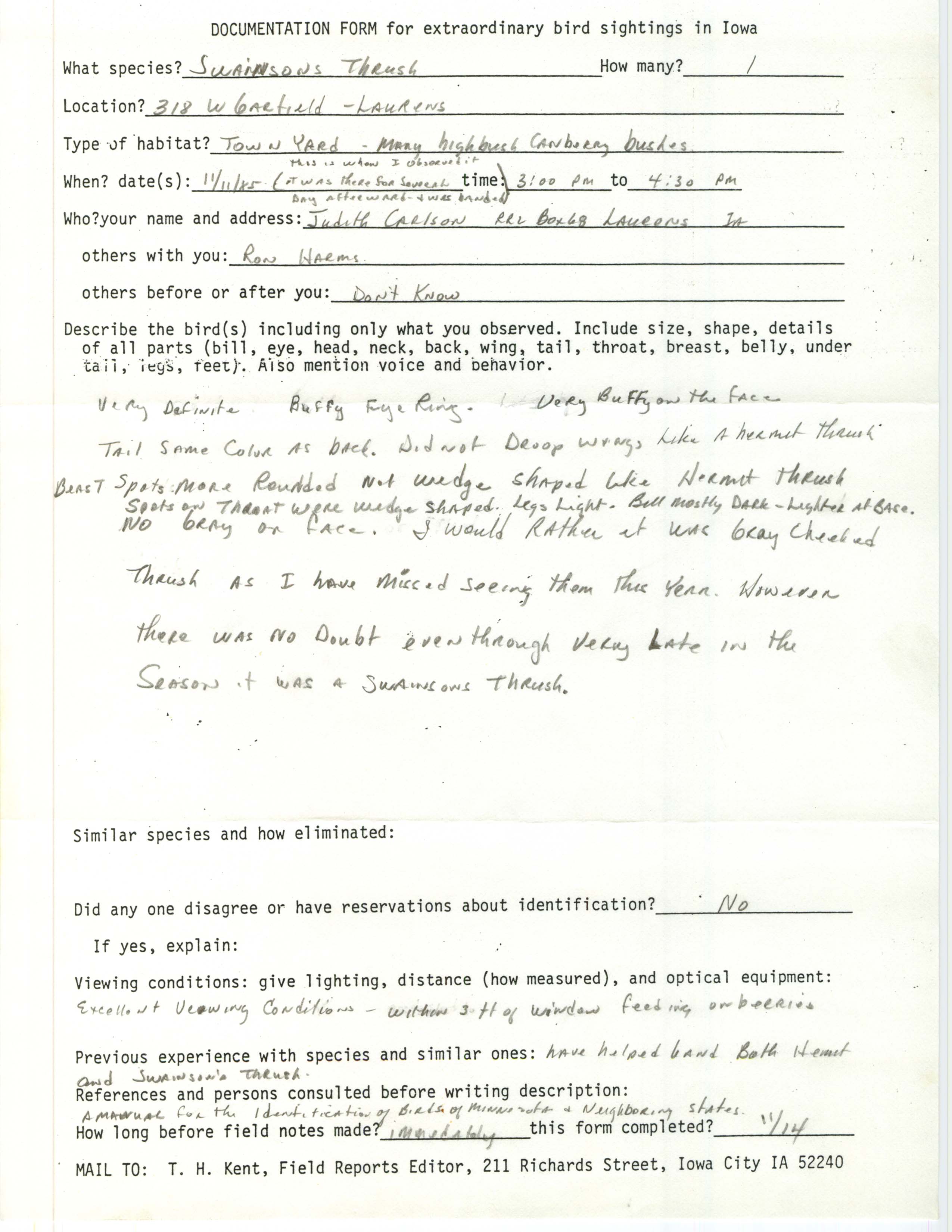 Rare bird documentation form for Swainson's Thrush at Laurens, 1985
