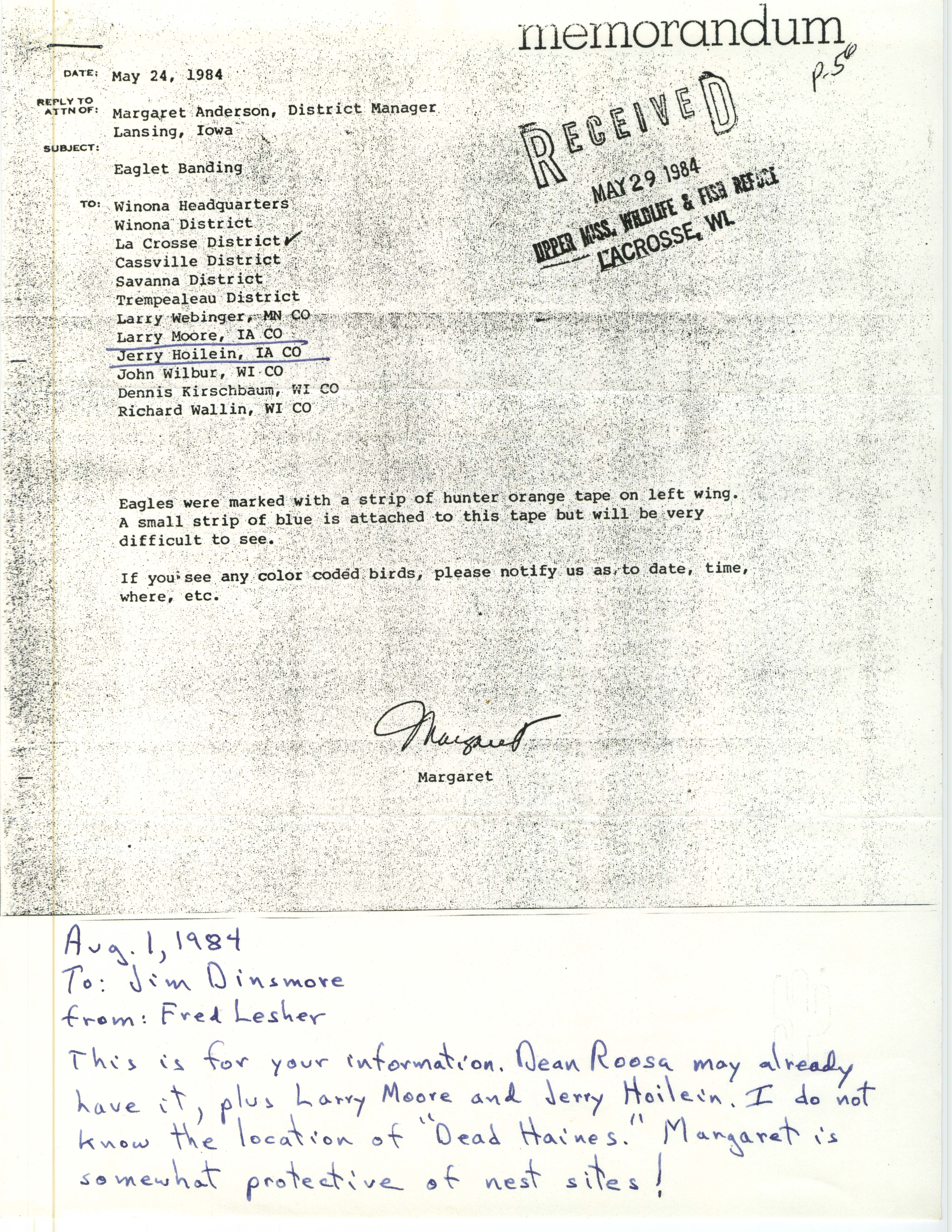 Margaret M. Anderson memorandum to district leaders regarding Bald Eagle banding and nests, May 24, 1984