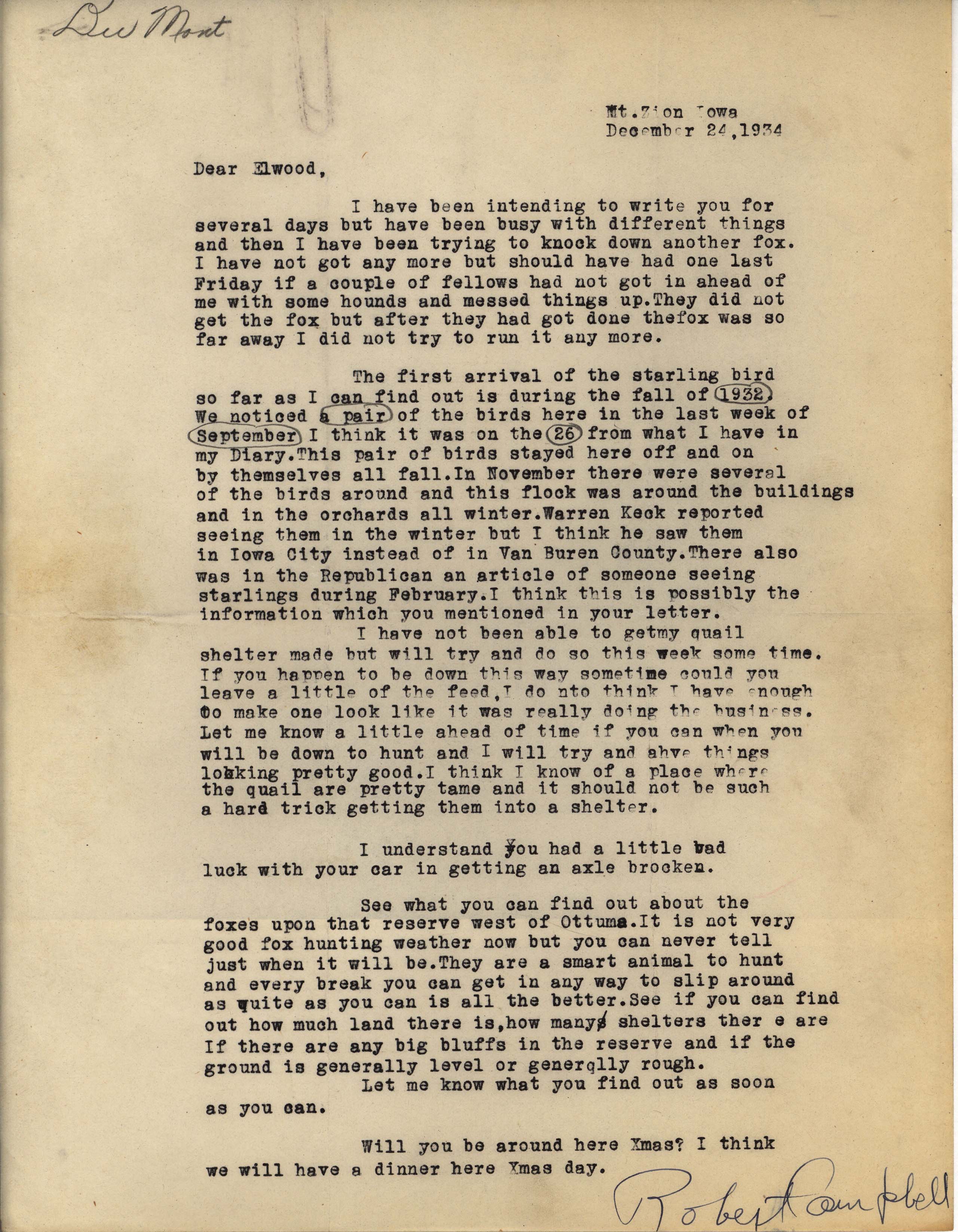 Robert Campbell letter to Elwood regarding fox hunting, Starlings, and Quail, December 24, 1934