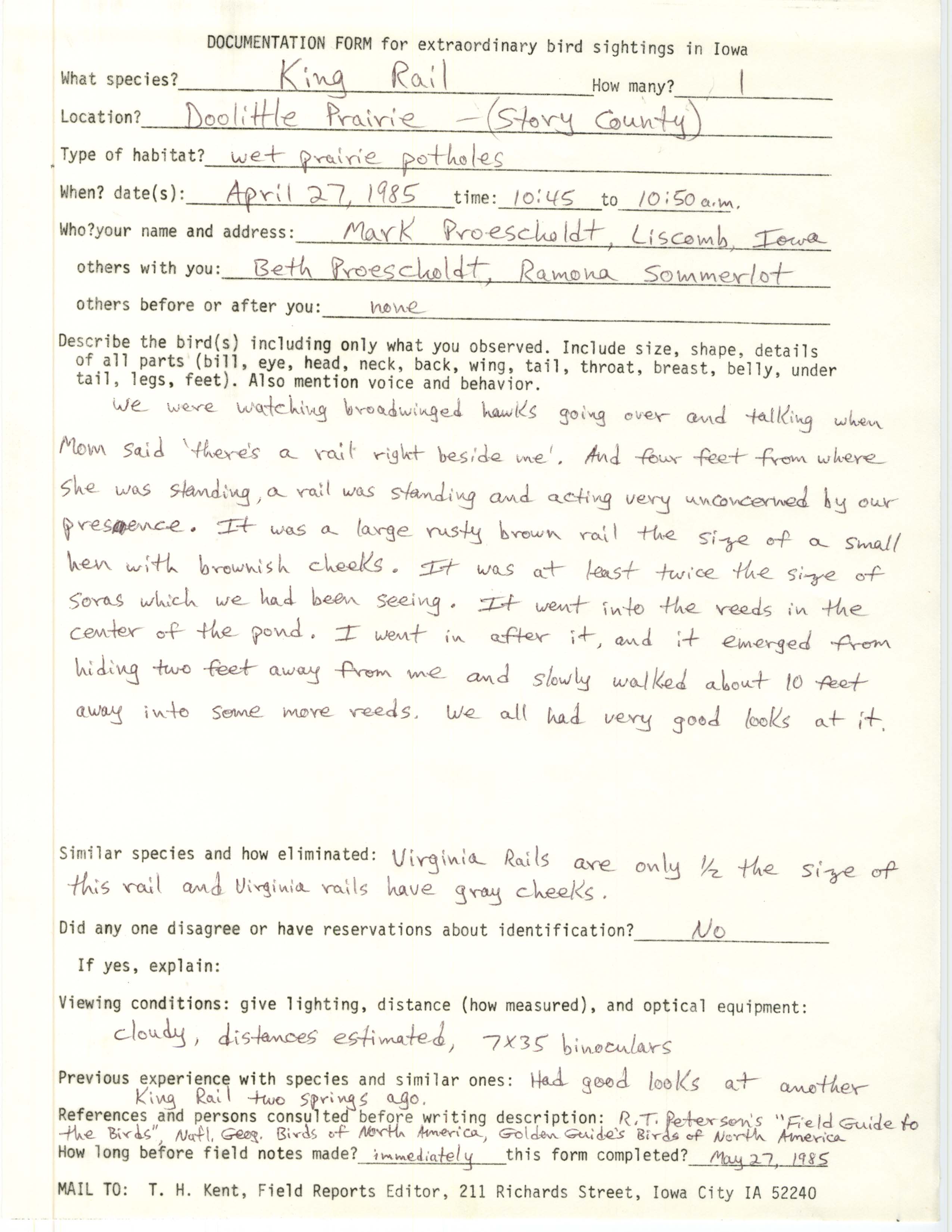 Rare bird documentation form for King Rail at Doolittle Prairie, 1985