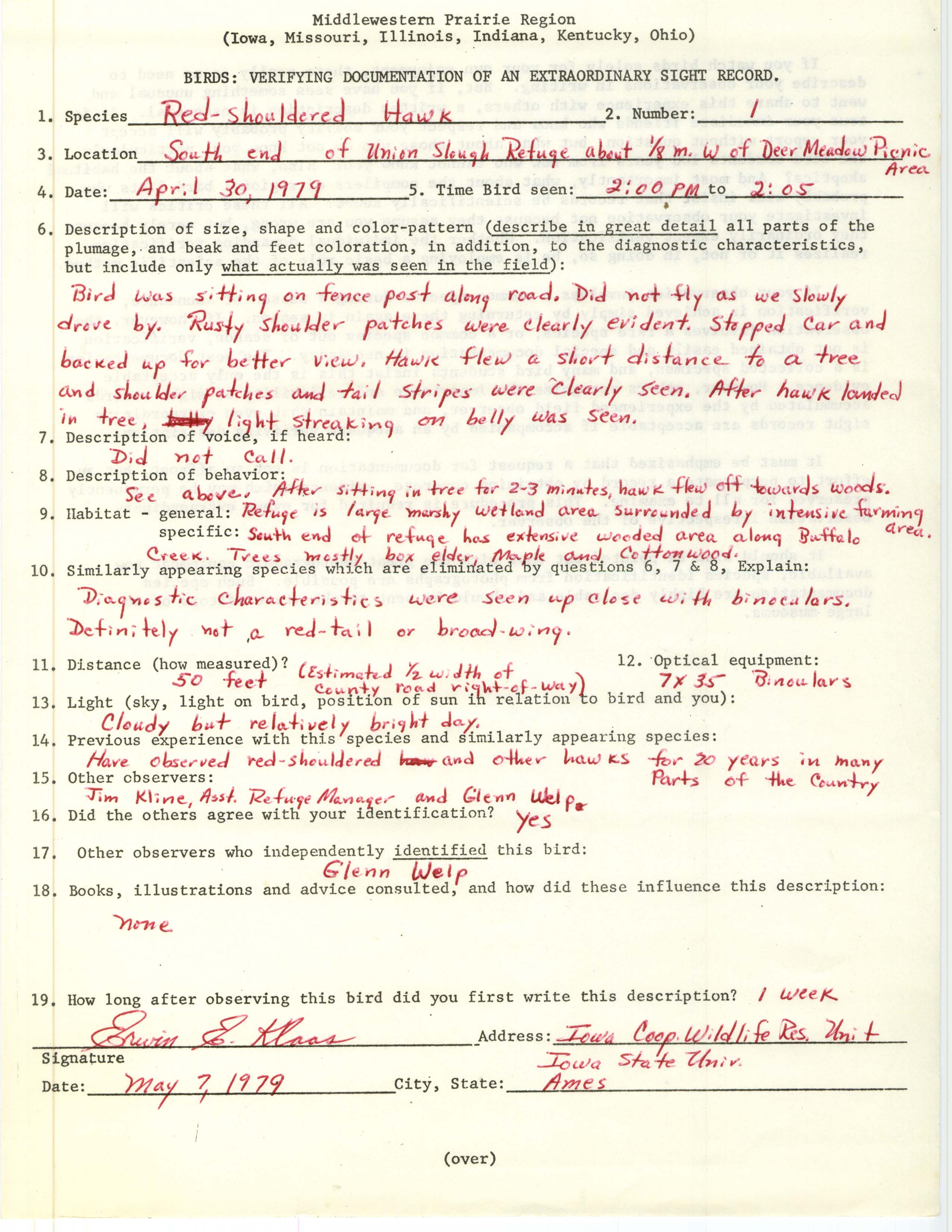 Rare bird documentation form for Red-shouldered Hawk at Union Slough Refuge, 1979
