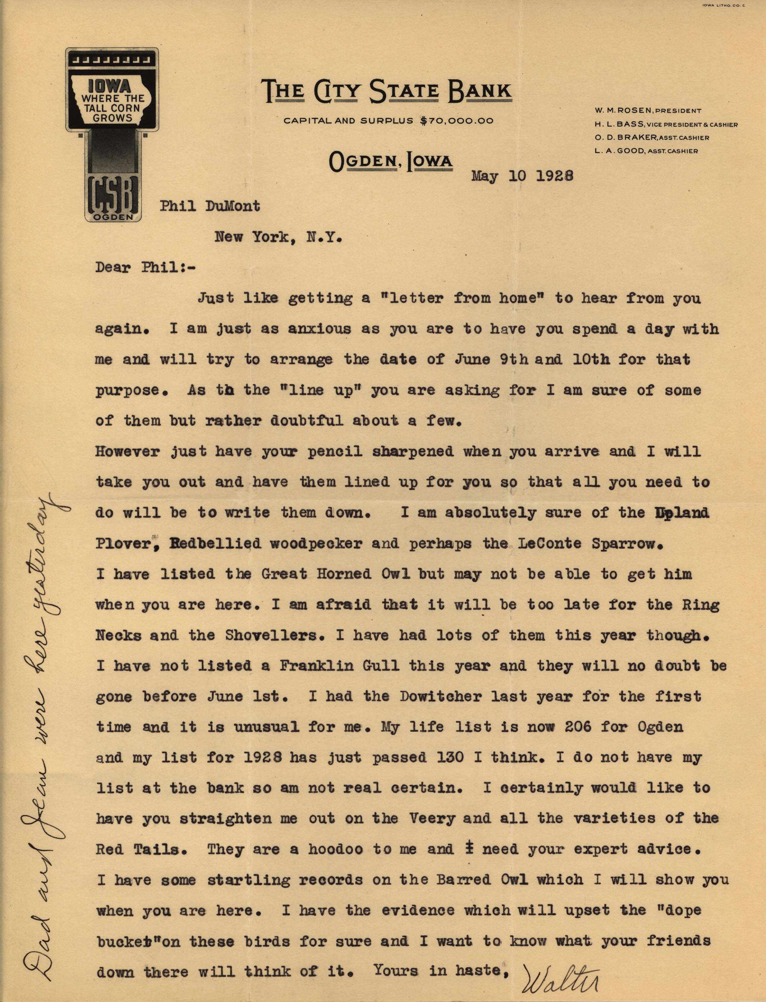 Walter Rosene letter to Philip DuMont regarding likely birds to sight in June, May 10, 1928