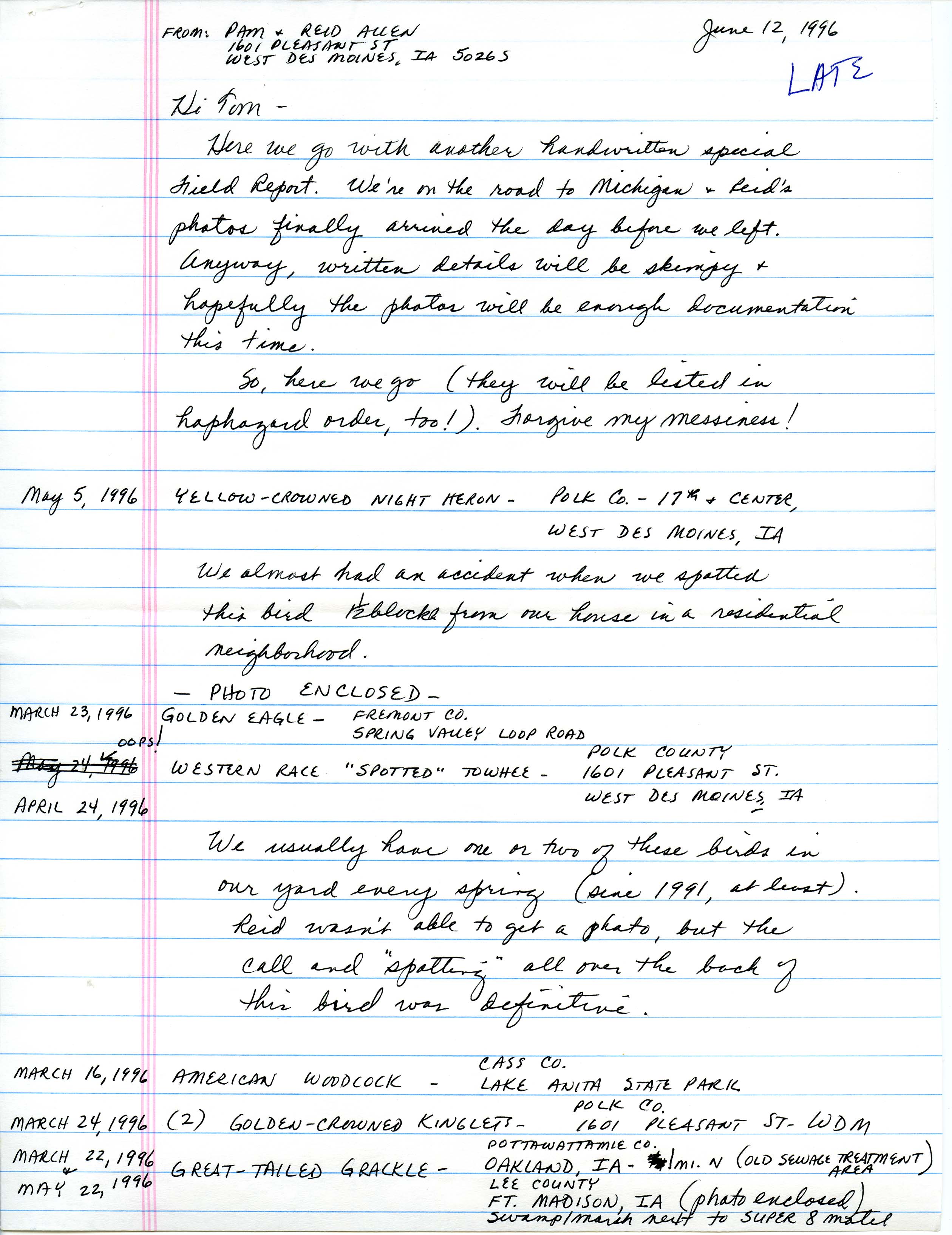 Pam Allen and Reid I. Allen letter to Thomas H. Kent regarding spring bird sightings, June 12, 1996