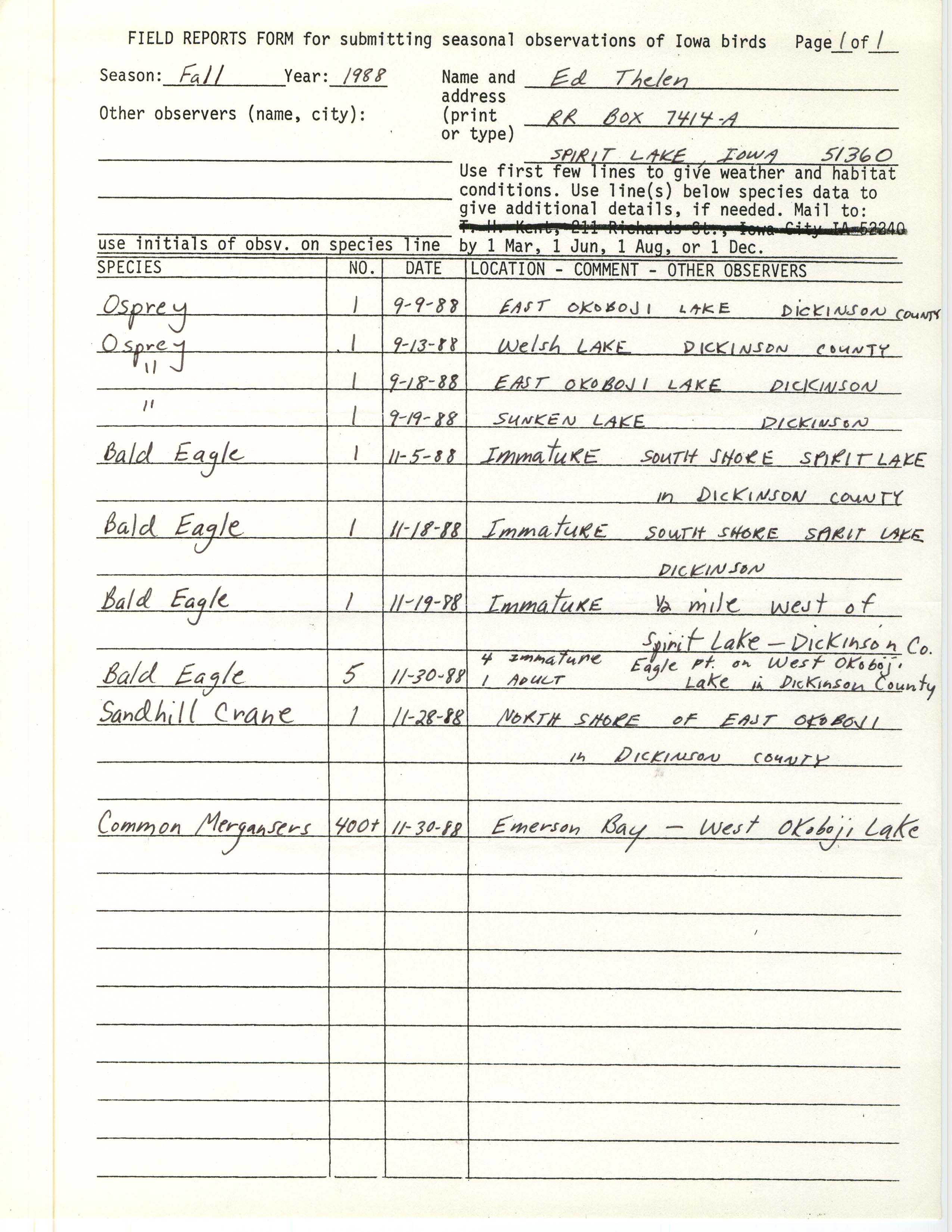 Field reports form for submitting seasonal observations of Iowa birds, Ed Thelen, fall 1988