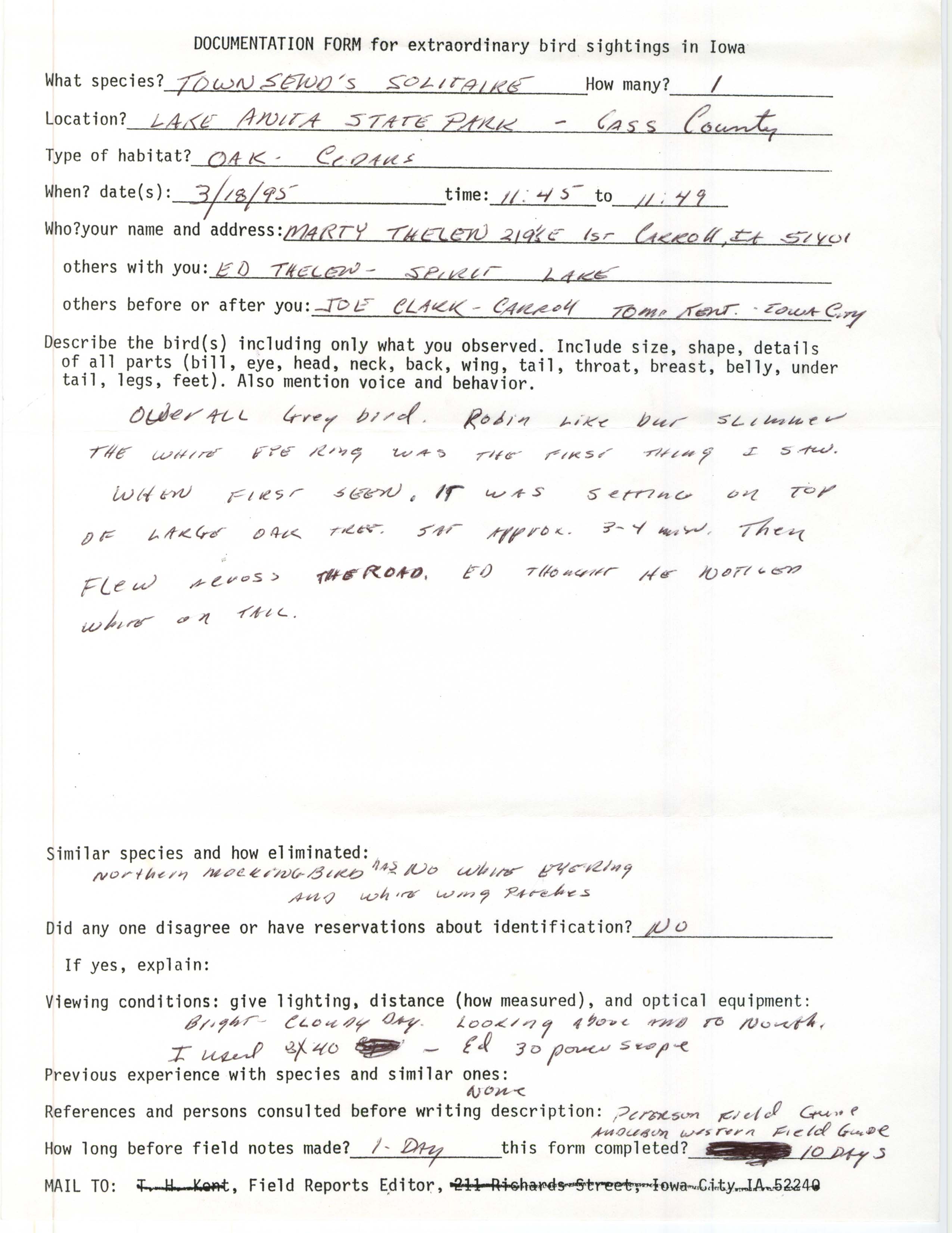 Rare bird documentation form for Townsend's Solitaire at Lake Anita State Park in 1995