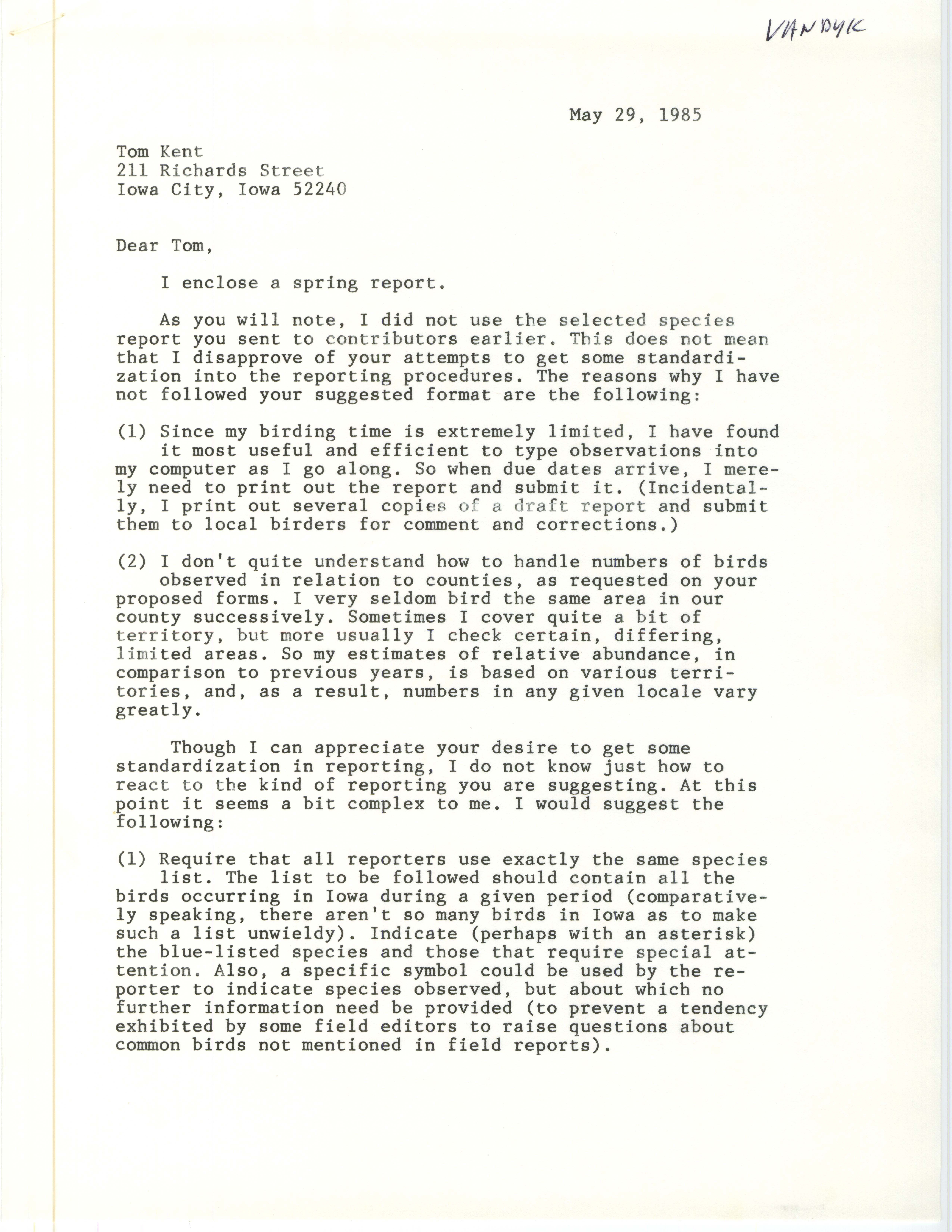 John Van Dyk letter to Thomas H. Kent regarding field report standardization, May 29, 1985, with accompanying field notes