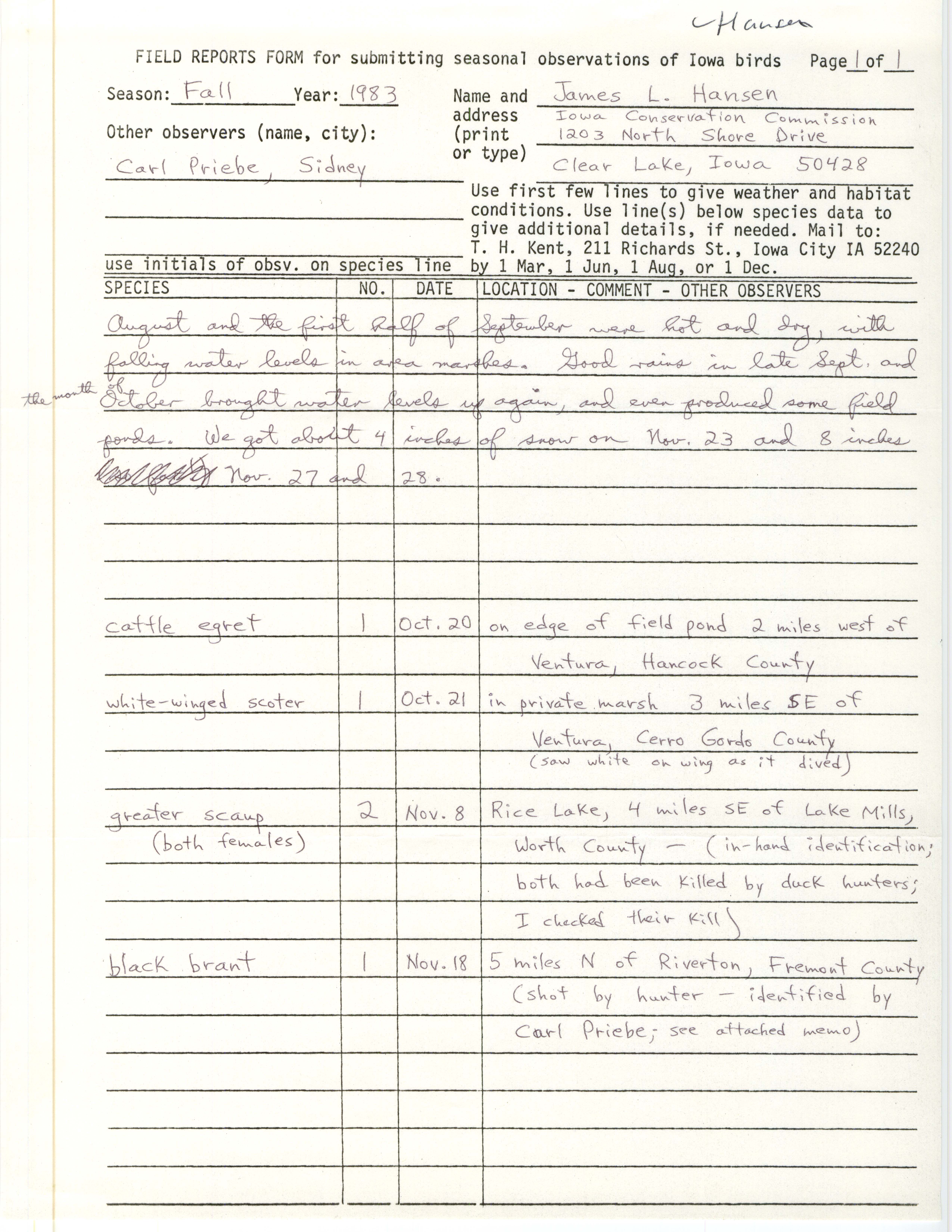 Field reports form for submitting seasonal observations of Iowa birds, James Hansen, fall 1983