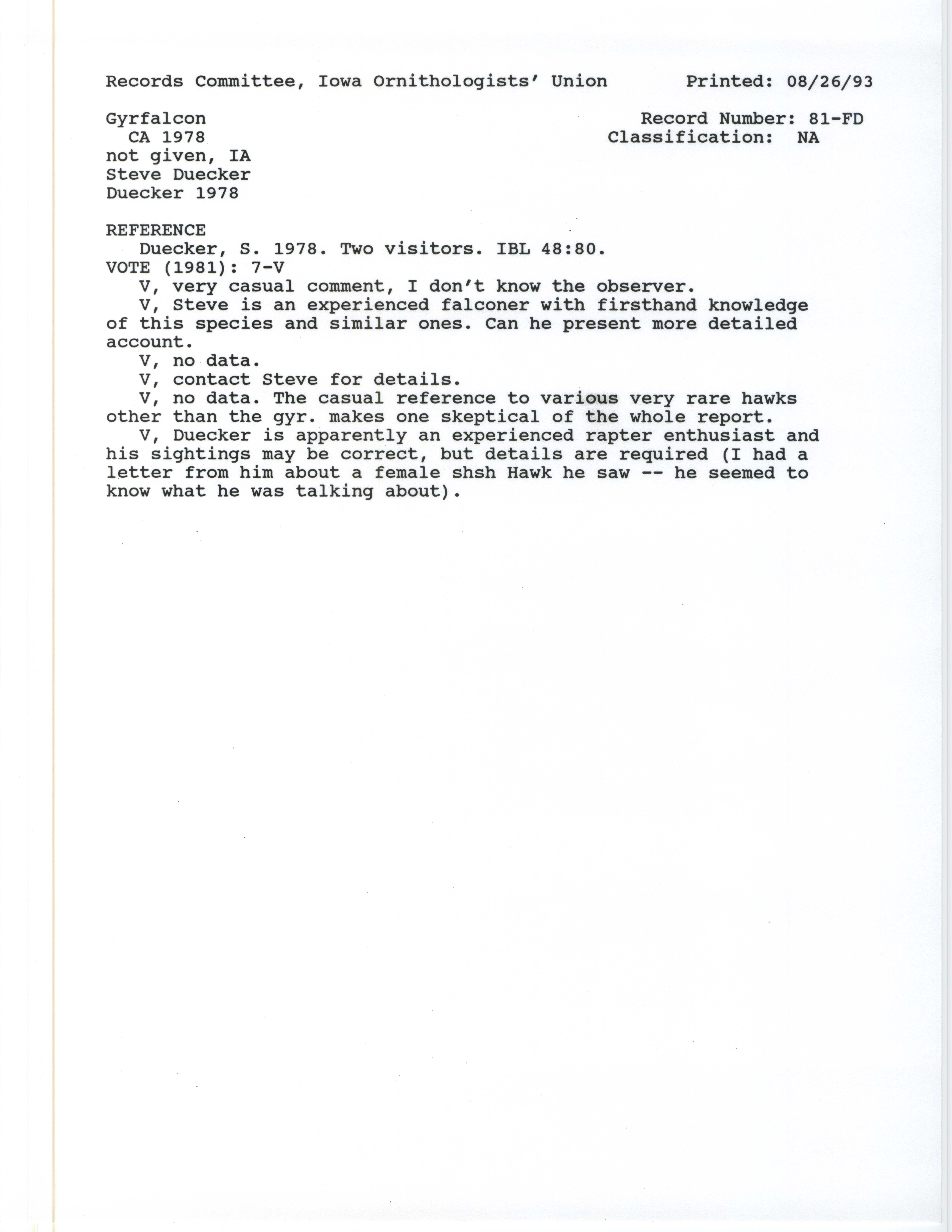Records Committee review for rare bird sighting for Gyrfalcon in Western Iowa in 1978