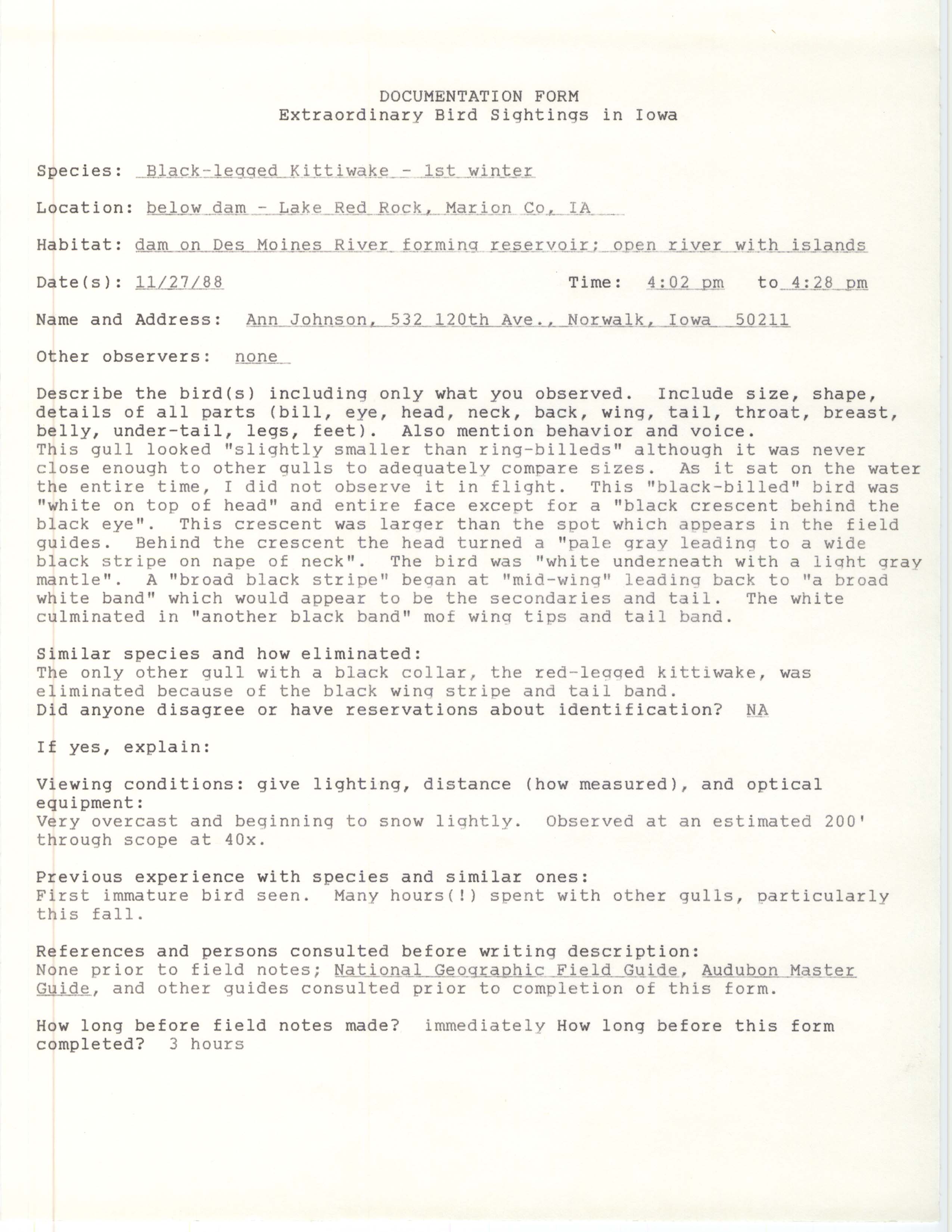 Rare bird documentation form for Black-legged Kittiwake at Lake Red Rock, 1988