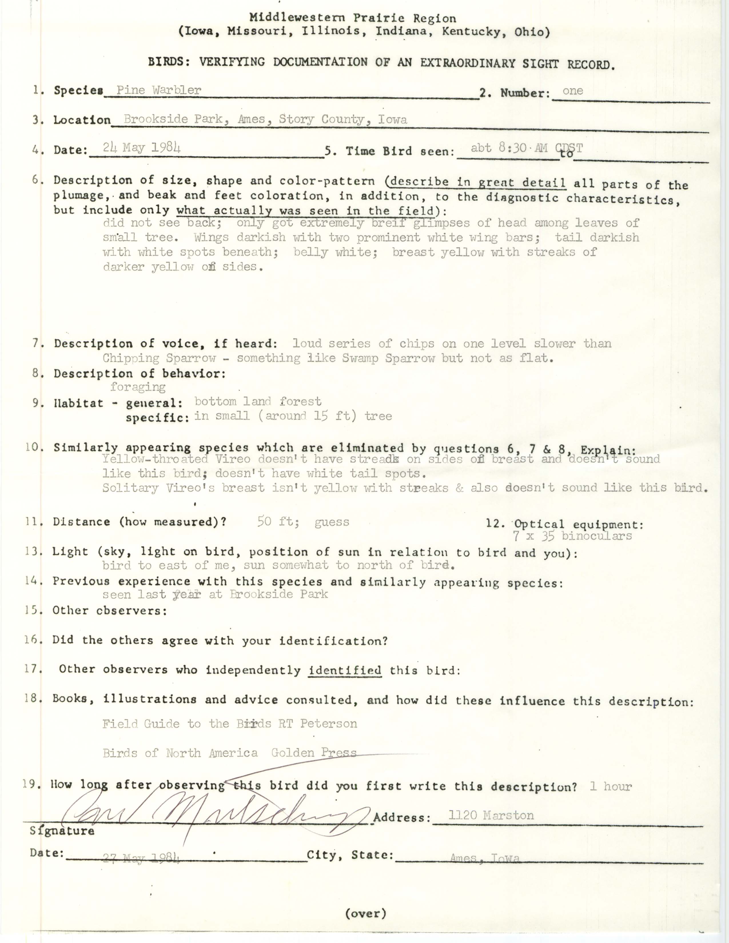 Rare bird documentation form for Pine Warbler at Brookside Park in Ames, 1984