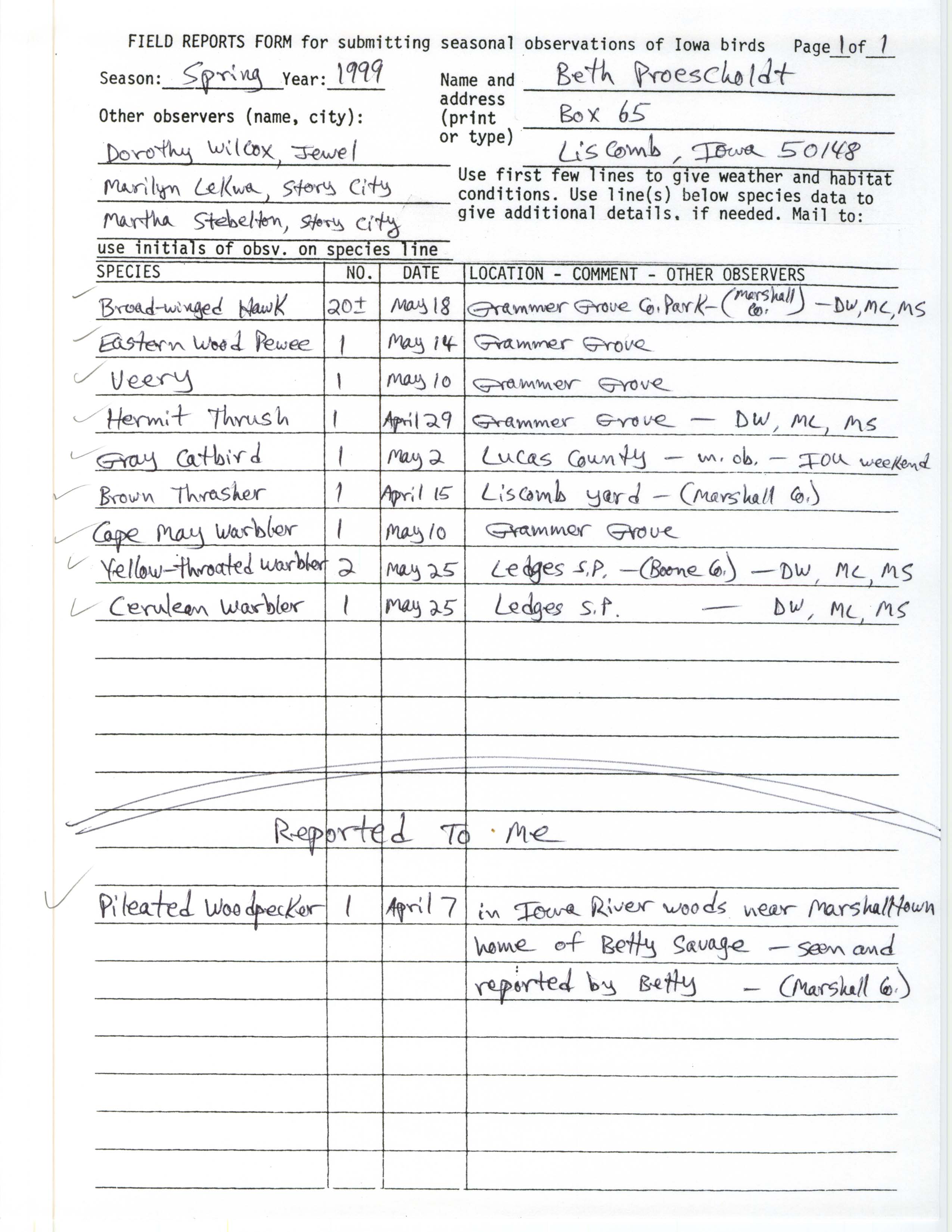 Field reports form for submitting seasonal observations of Iowa birds, Beth Proescholdt, spring 1999