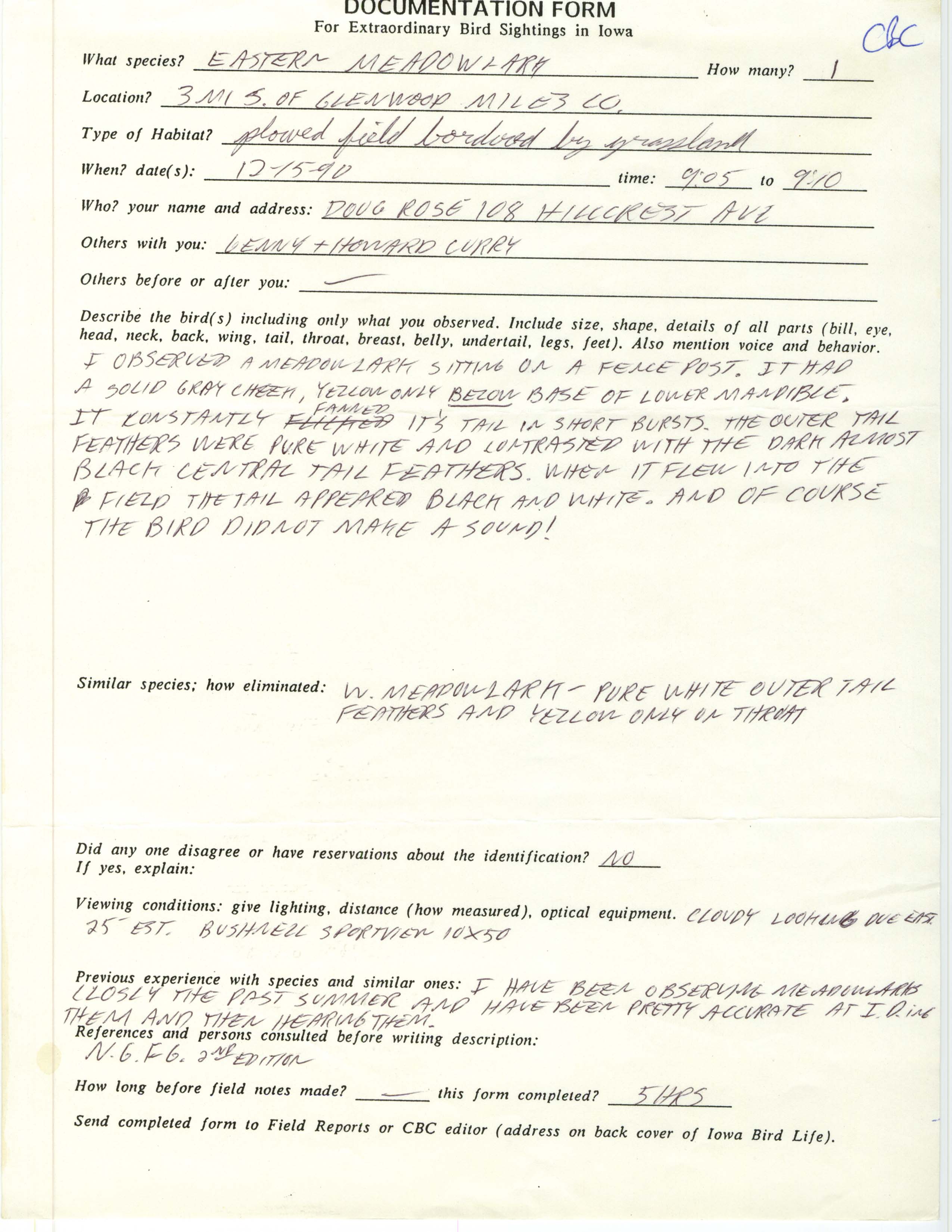 Rare bird documentation form for Eastern Meadowlark south of Glenwood, 1990