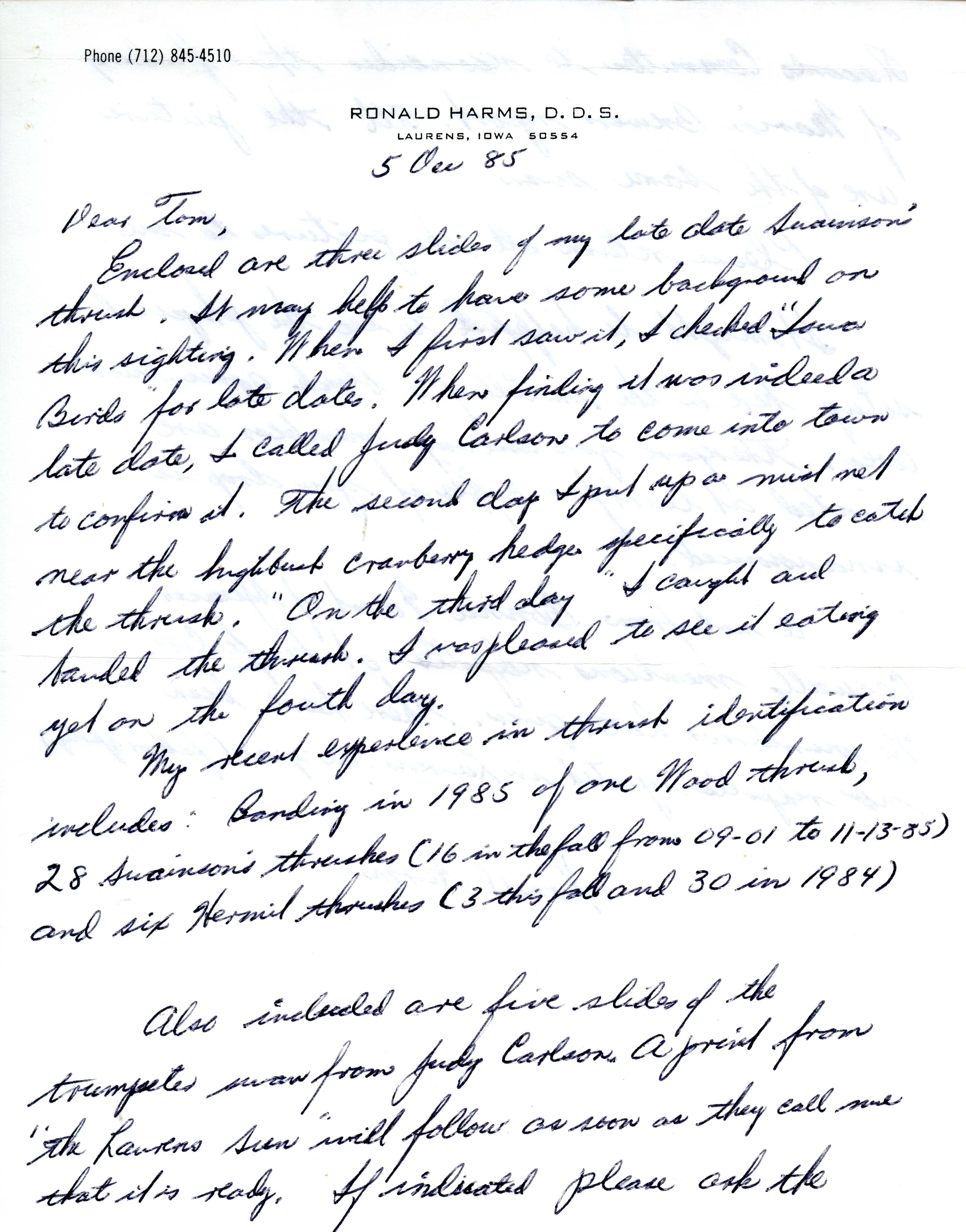 Ronald Harms letter to Thomas Kent regarding Swainson's Thrush, December 5, 1985