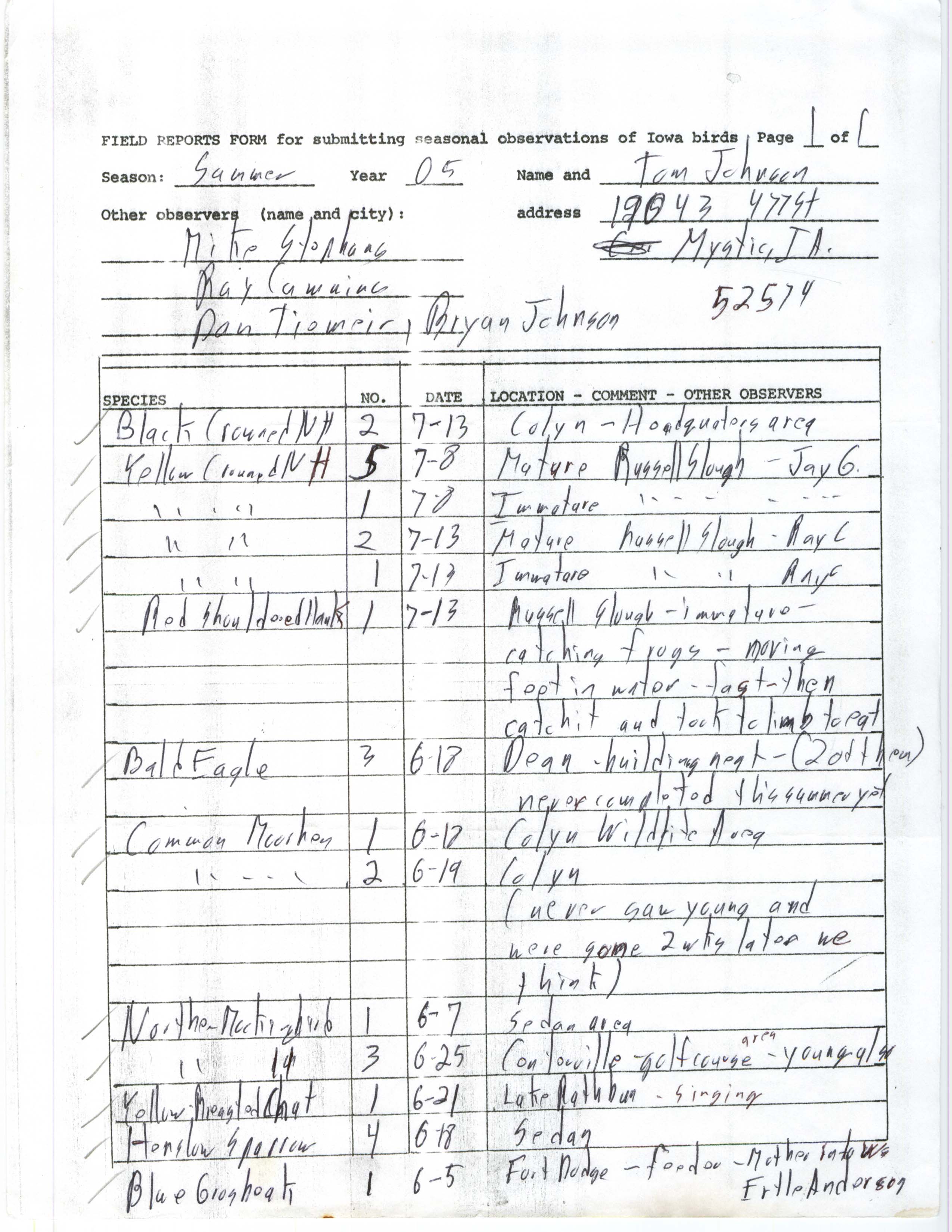 Field reports form for submitting seasonal observations of Iowa birds, Thomas N. Johnson, summer 2005