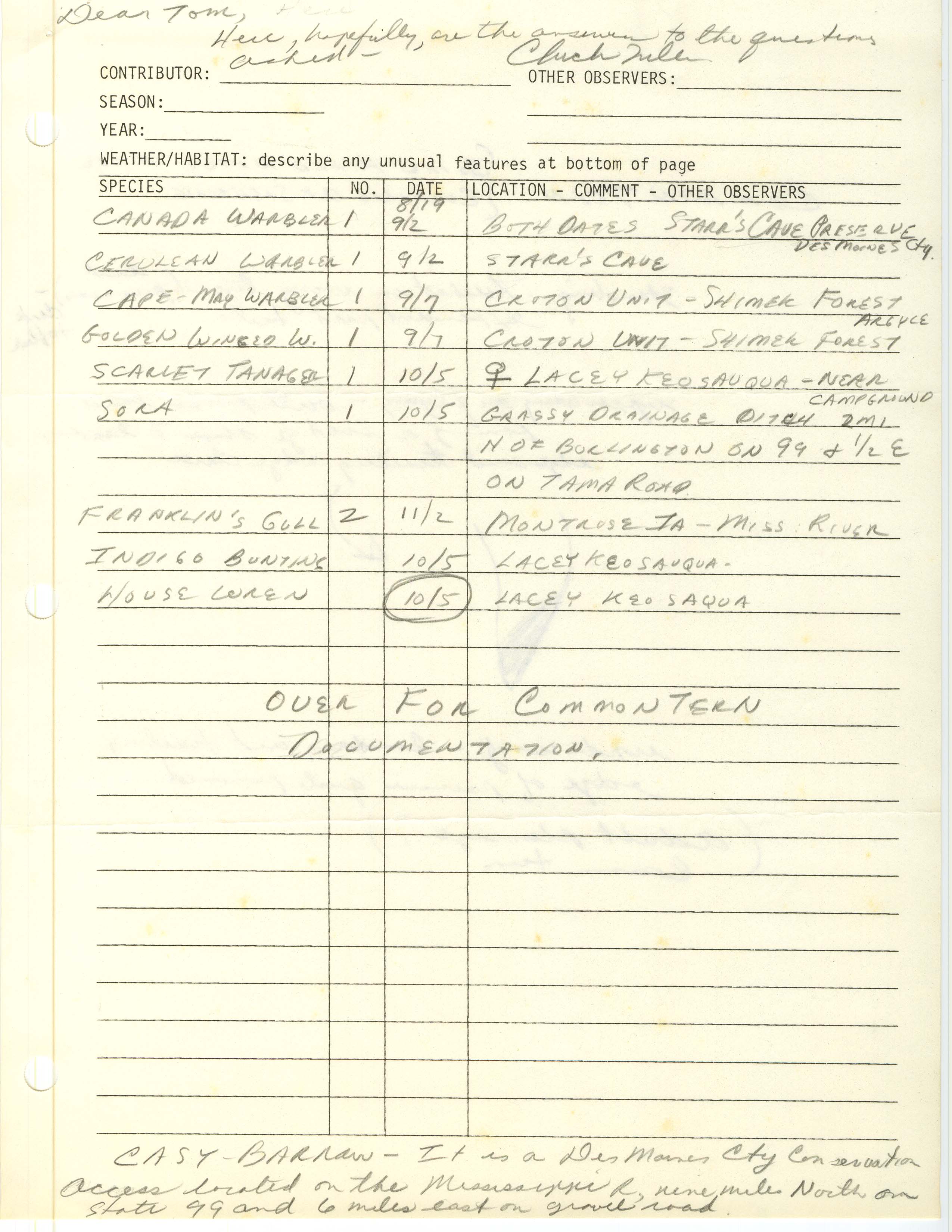 Field note additions contributed by Charles Fuller to Thomas H. Kent, fall 1991  